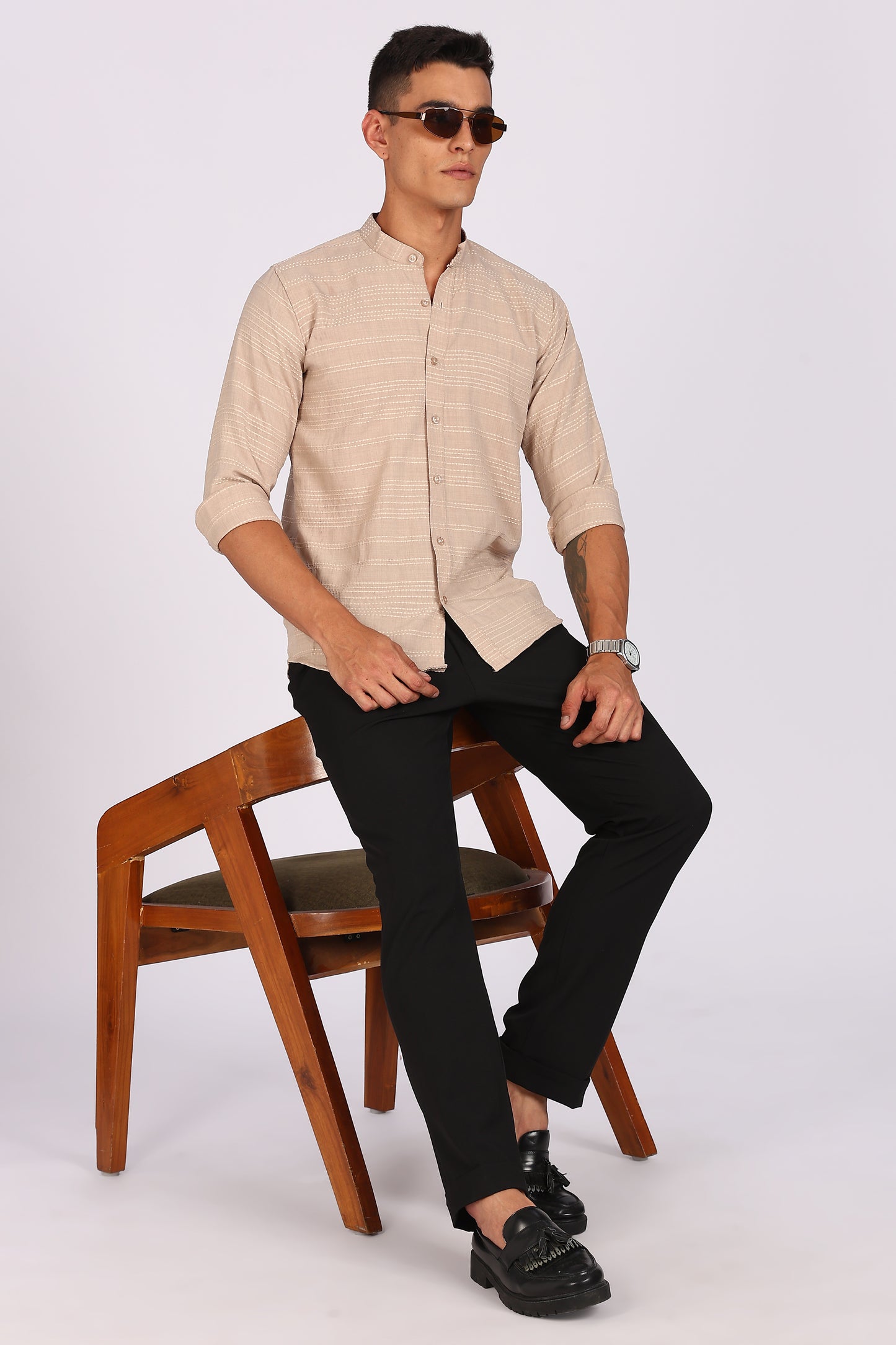 Regular Fit Men’s Light Beige Textured Mandarin Collar Casual Shirt