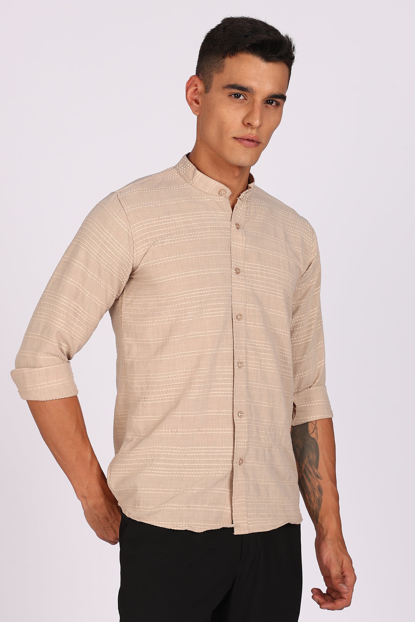 Regular Fit Men’s Light Beige Textured Mandarin Collar Casual Shirt