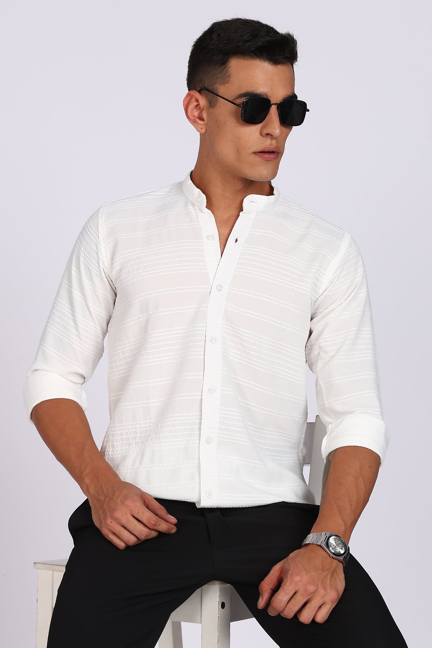 Men’s White Textured Mandarin Collar Casual Shirt