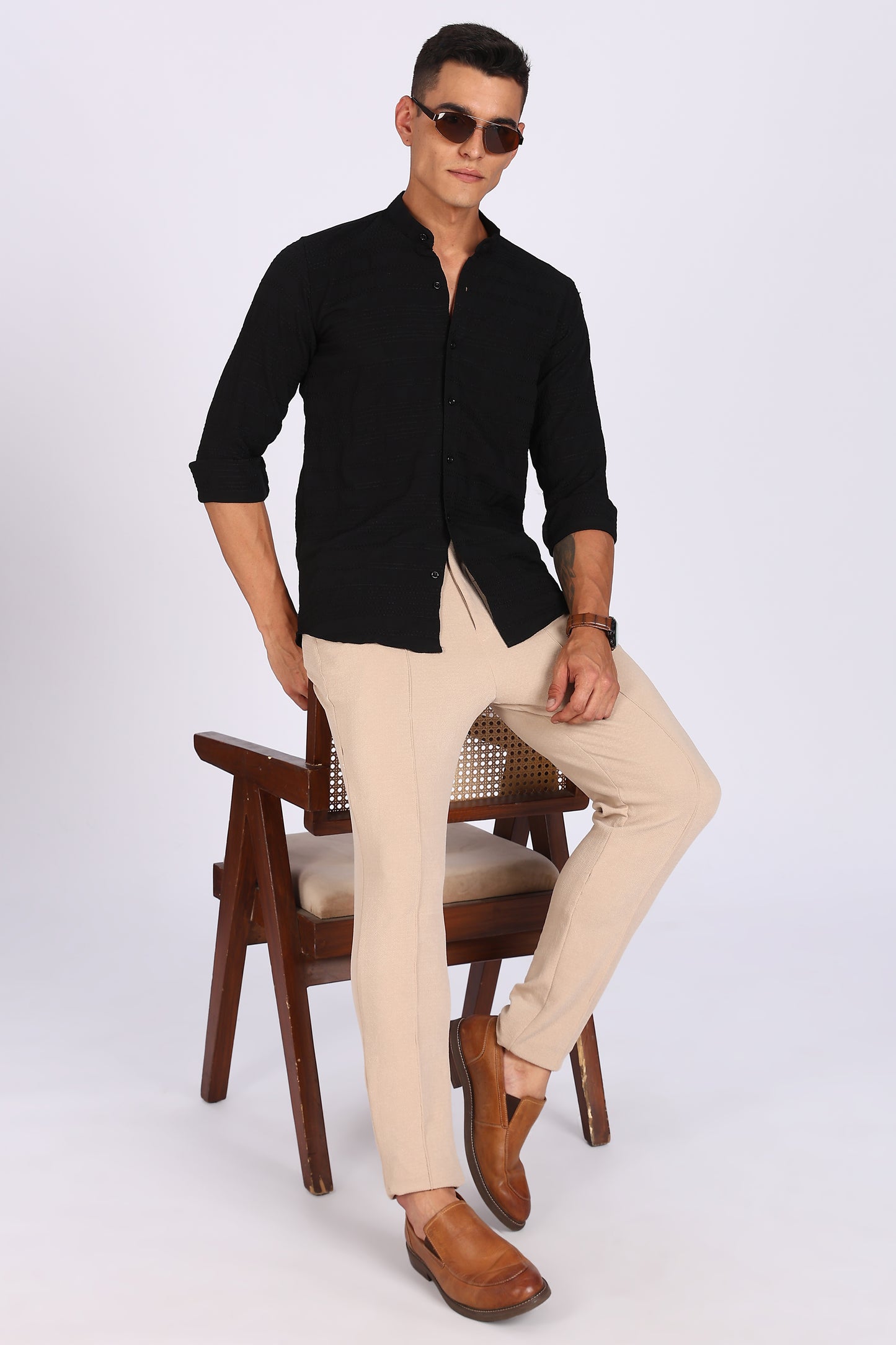 Regular Fit Men’s Black Textured Mandarin Collar Casual Shirt
