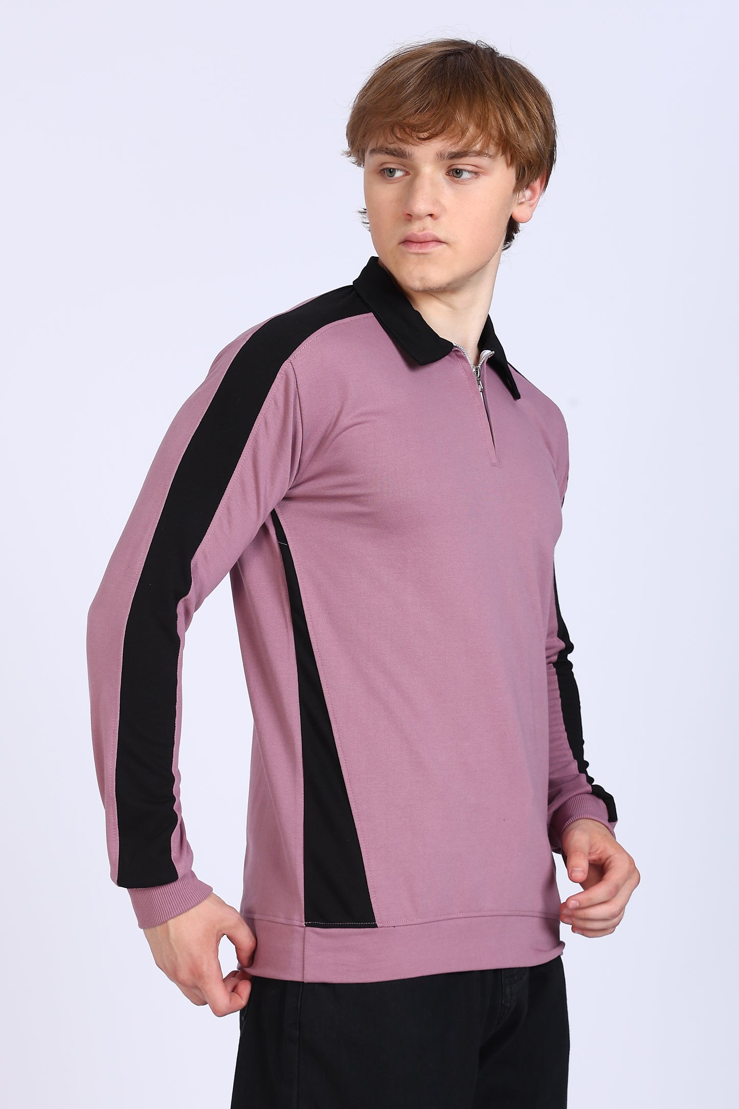 Regular Fit Men’s Mauve & Black Polo T-Shirt with Zip Neck