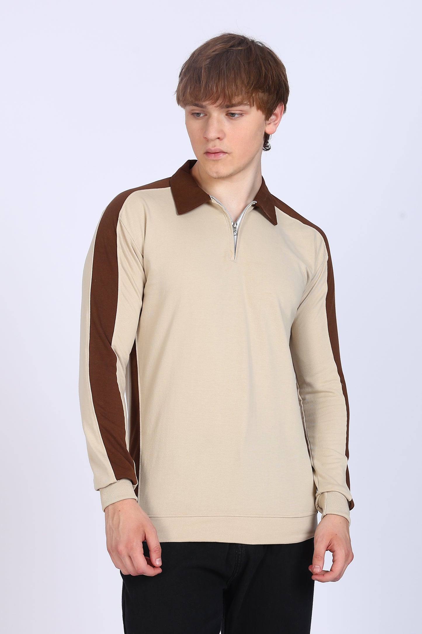 Regular Fit Men’s Brown & Beige Polo T-Shirt with Zip Neck