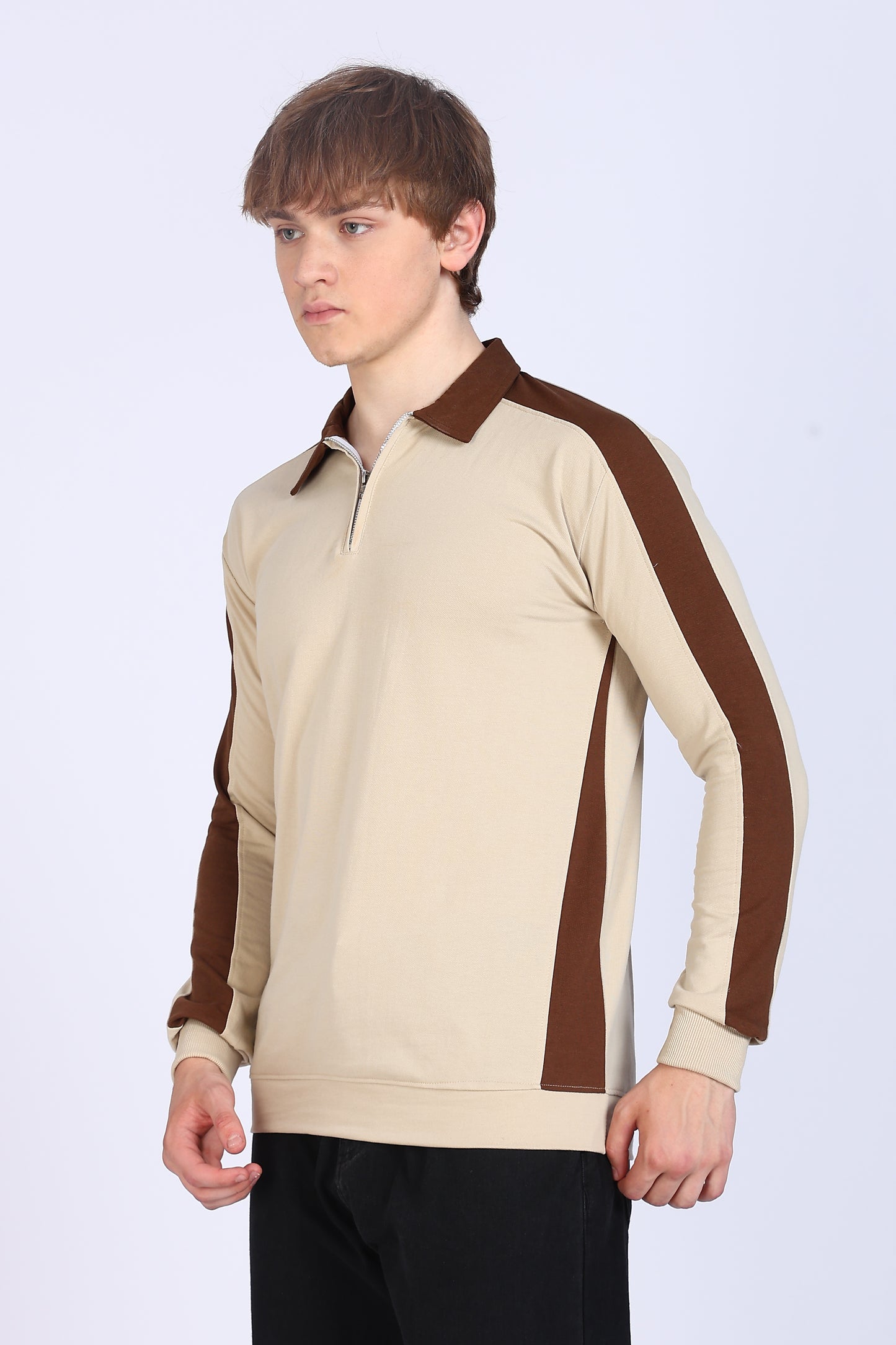 Regular Fit Men’s Brown & Beige Polo T-Shirt with Zip Neck