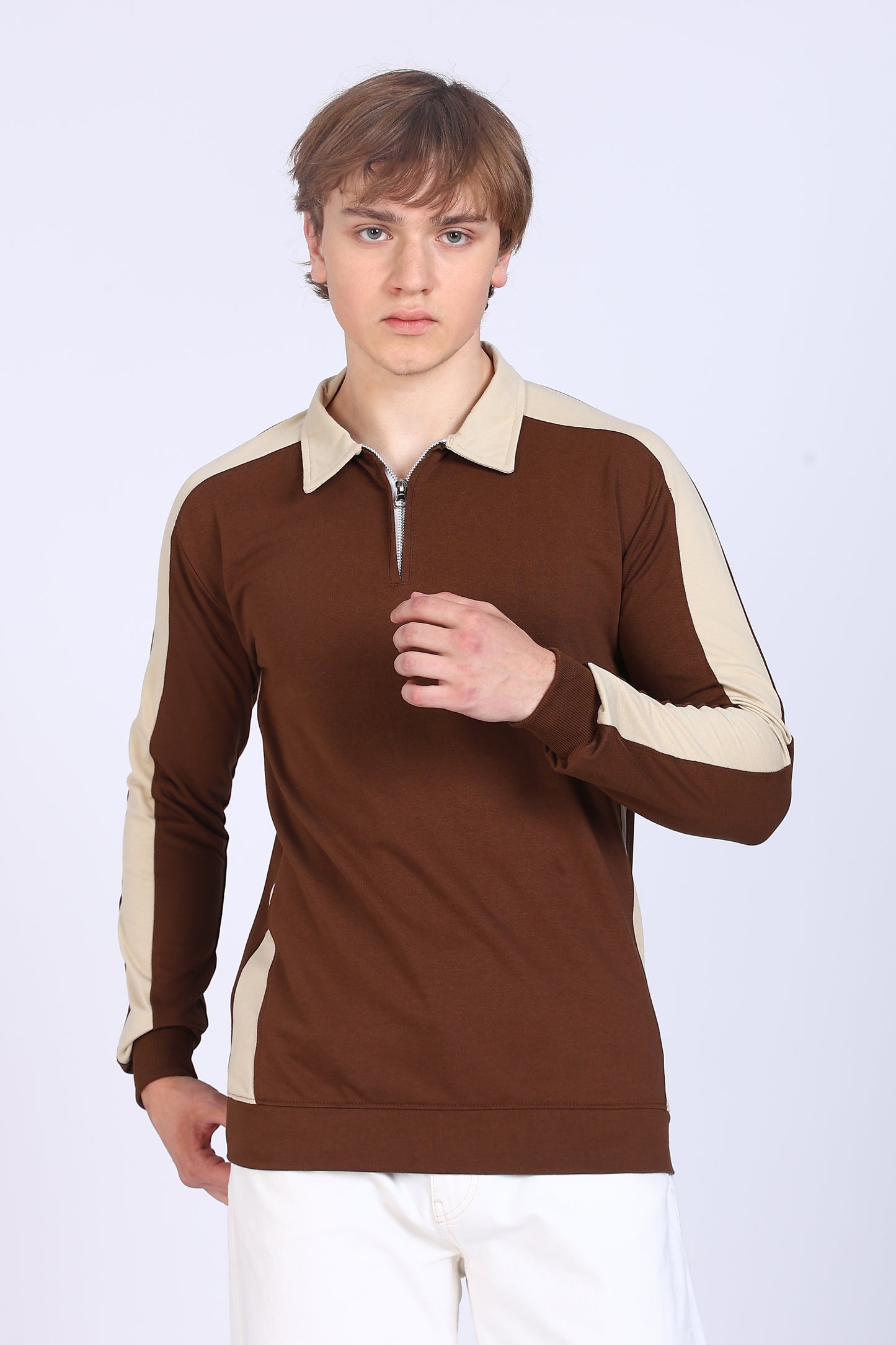Regular Fit Men’s Brown & Beige Polo T-Shirt with Zip Neck