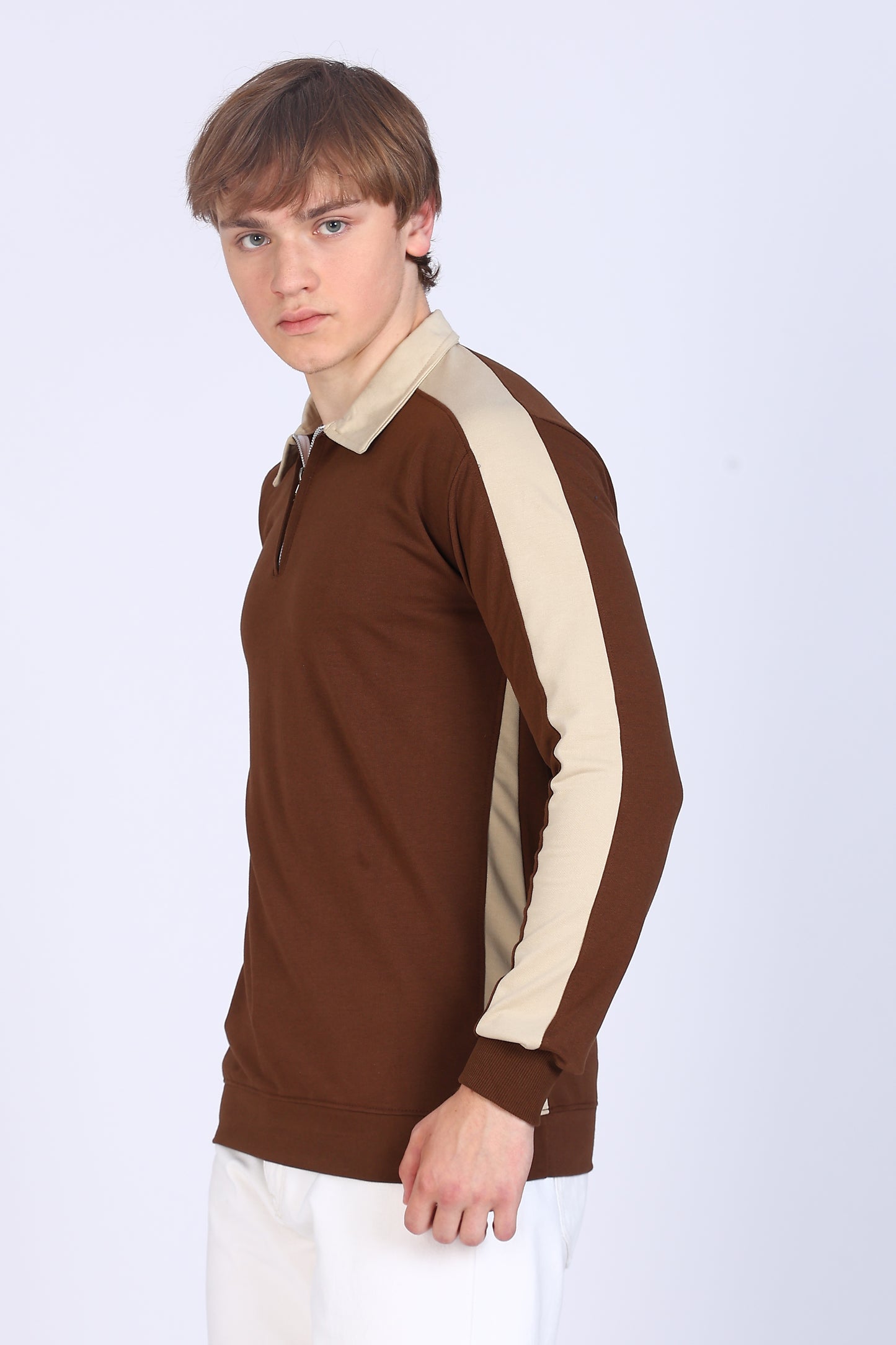 Regular Fit Men’s Brown & Beige Polo T-Shirt with Zip Neck