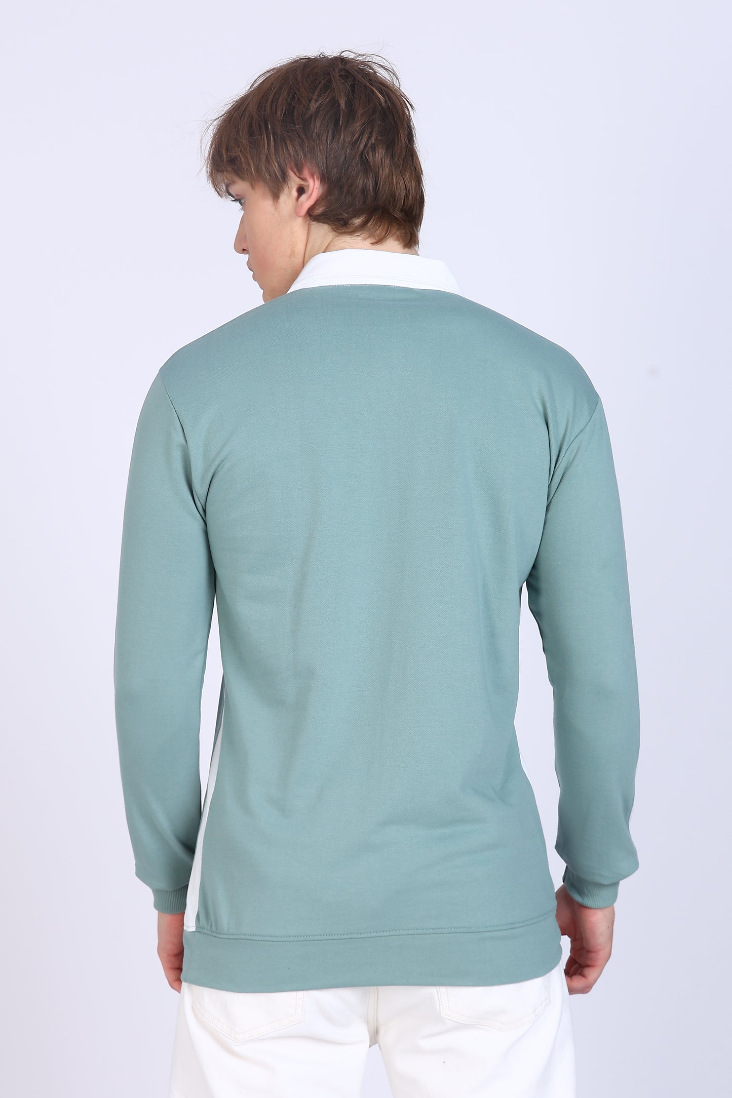 Regular Fit Men’s Green & White Full Sleeve Polo T-Shirt with Zip Neck