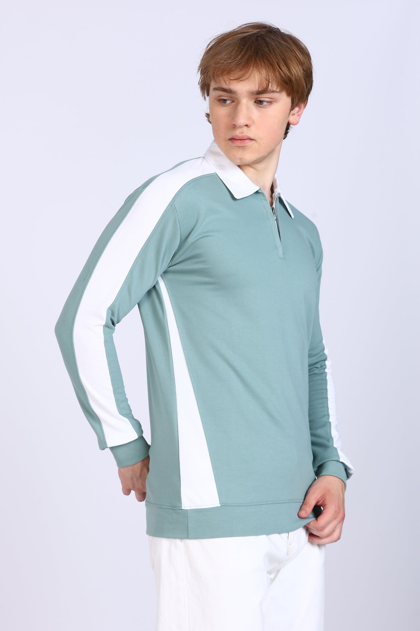 Regular Fit Men’s Green & White Full Sleeve Polo T-Shirt with Zip Neck