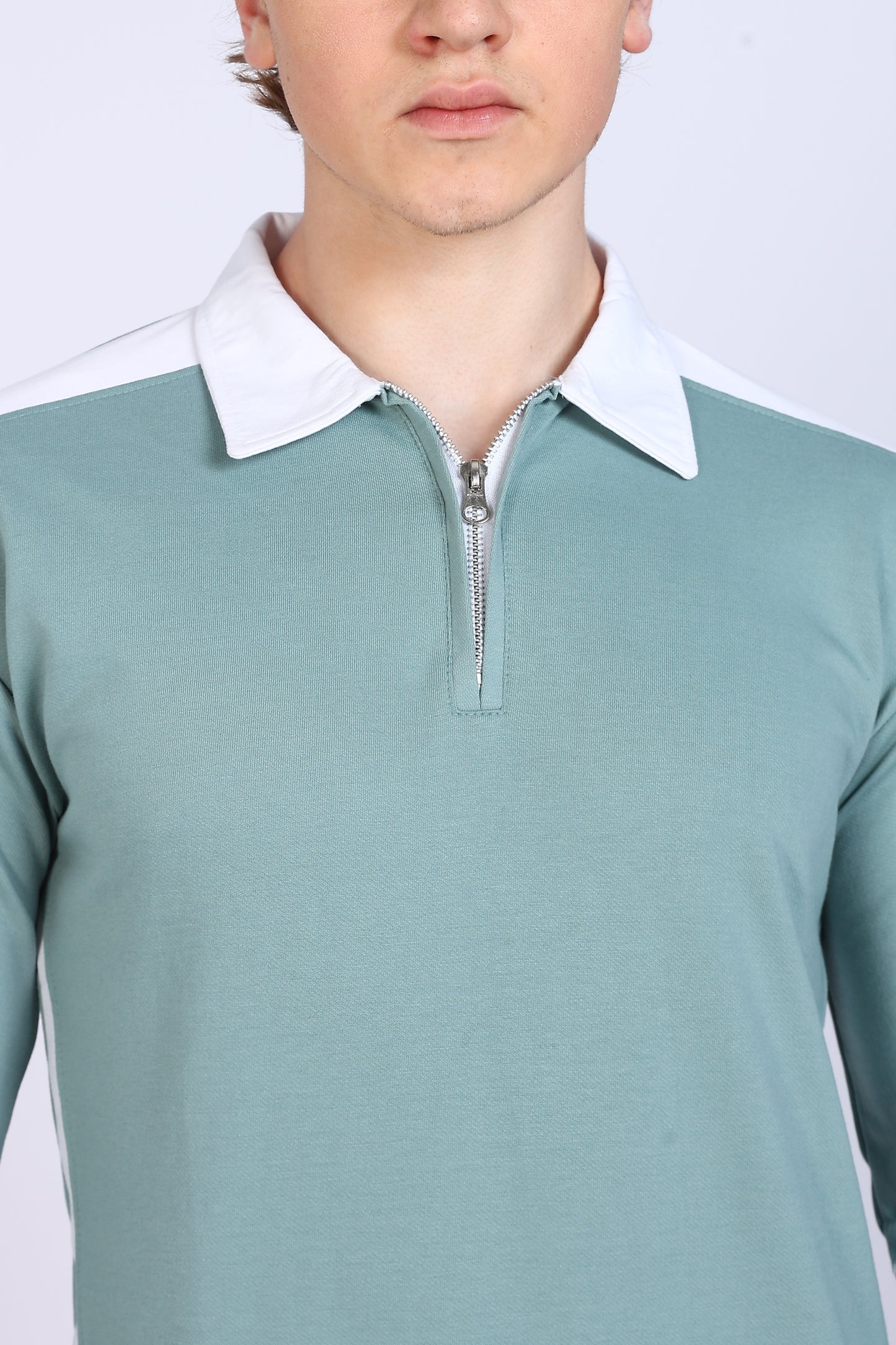 Regular Fit Men’s Green & White Full Sleeve Polo T-Shirt with Zip Neck