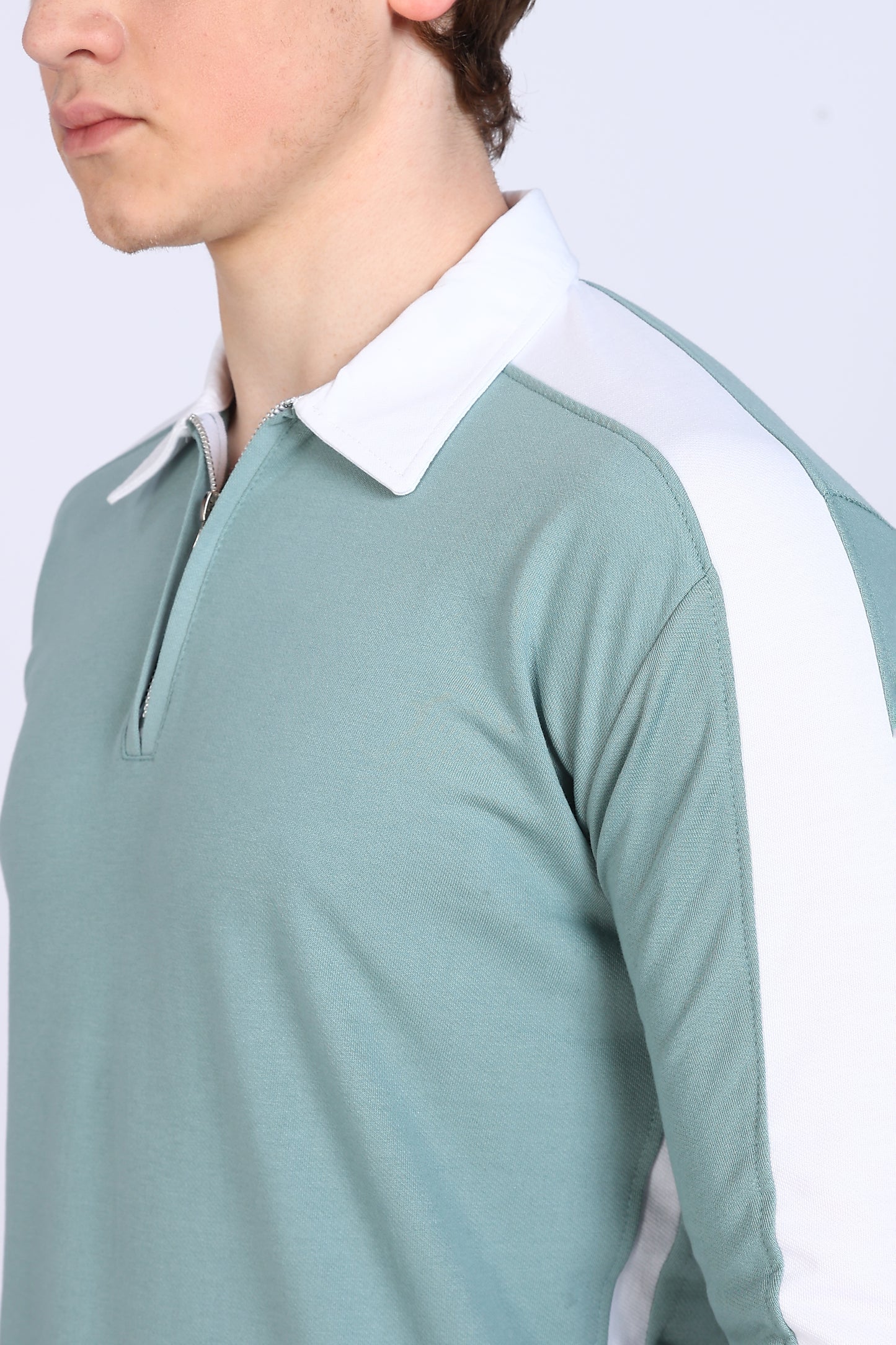 Regular Fit Men’s Green & White Full Sleeve Polo T-Shirt with Zip Neck