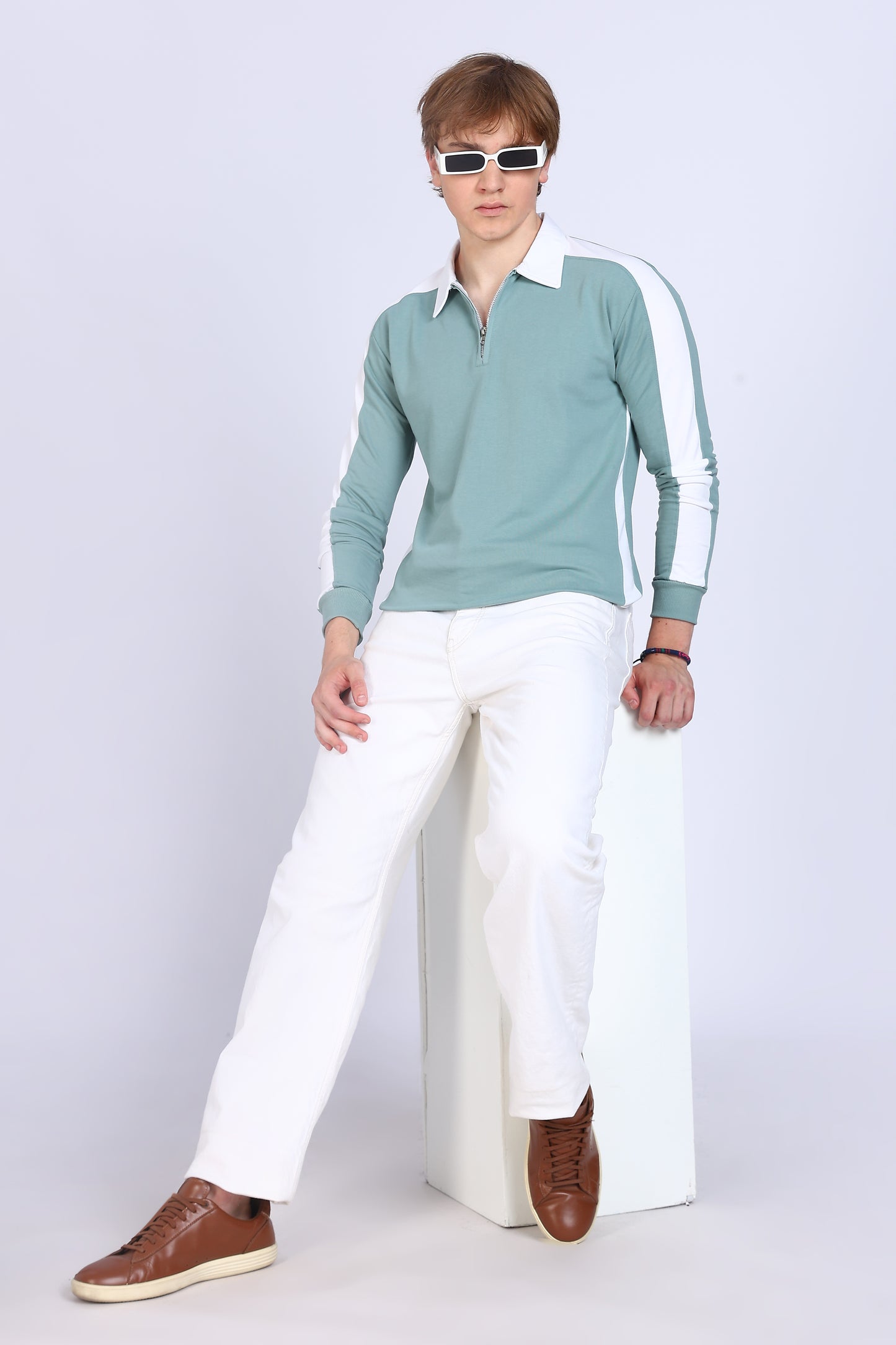 Regular Fit Men’s Green & White Full Sleeve Polo T-Shirt with Zip Neck