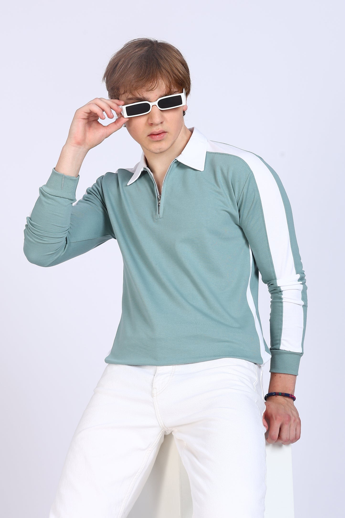Regular Fit Men’s Green & White Full Sleeve Polo T-Shirt with Zip Neck