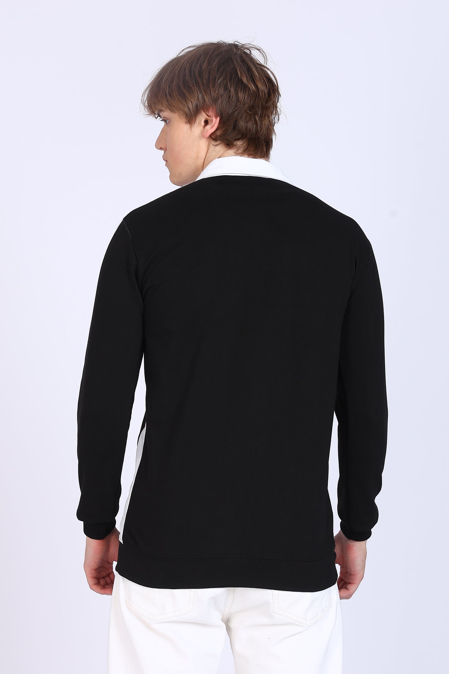 Regular Fit Men’s Black & White Full Sleeve Polo T-Shirt with Zip Neck