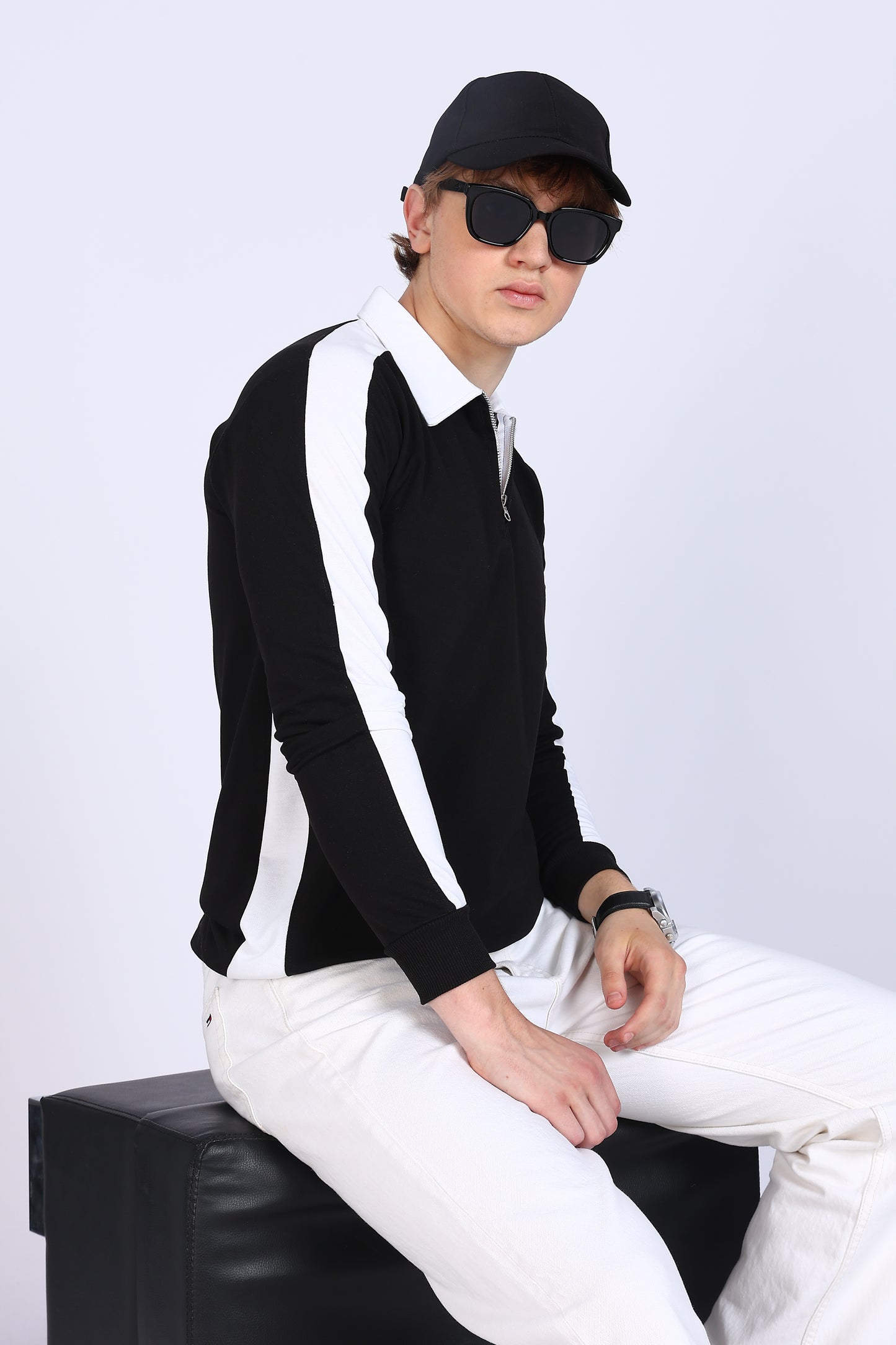 Regular Fit Men’s Black & White Full Sleeve Polo T-Shirt with Zip Neck