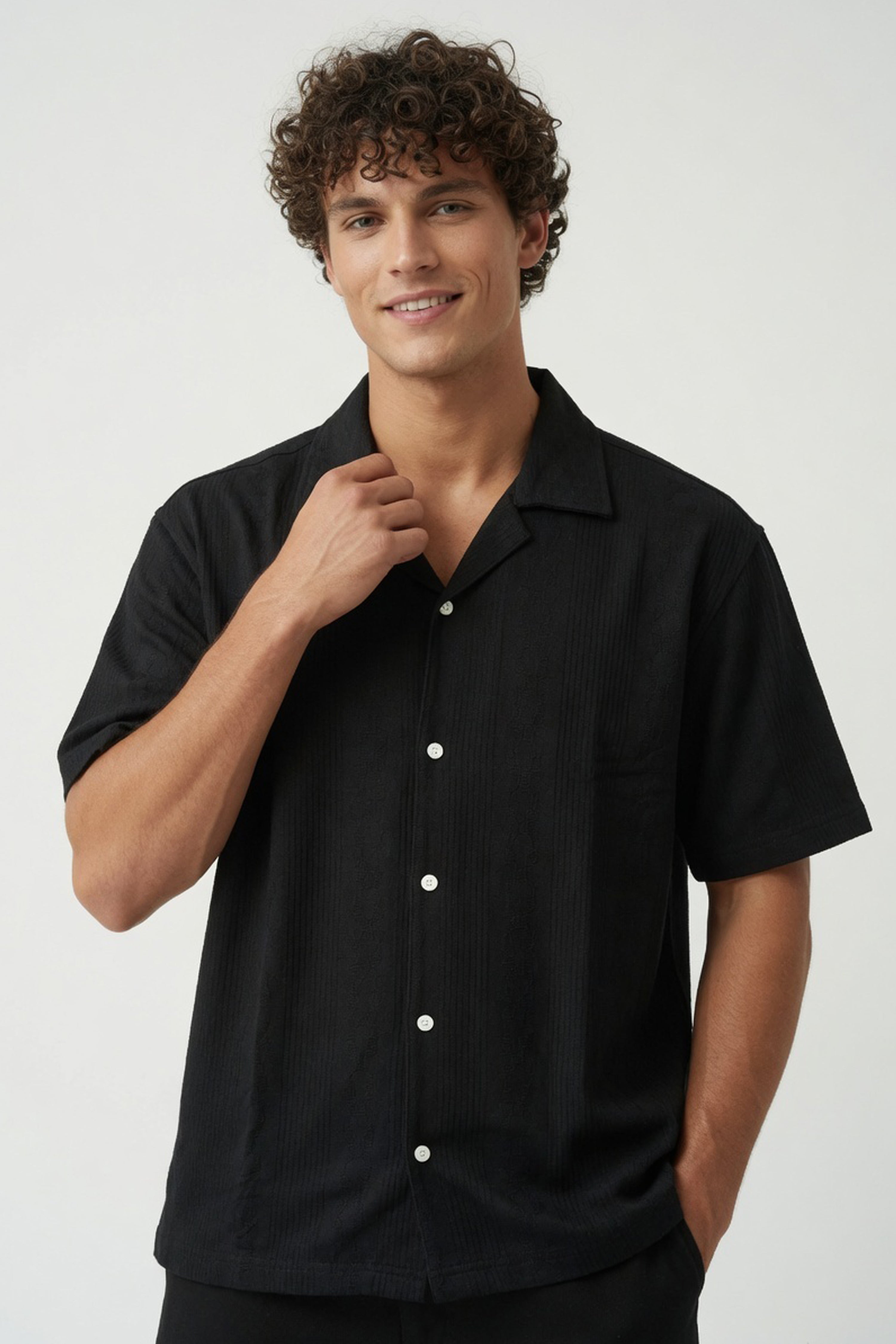 Black Ribbed Cuban Shirt