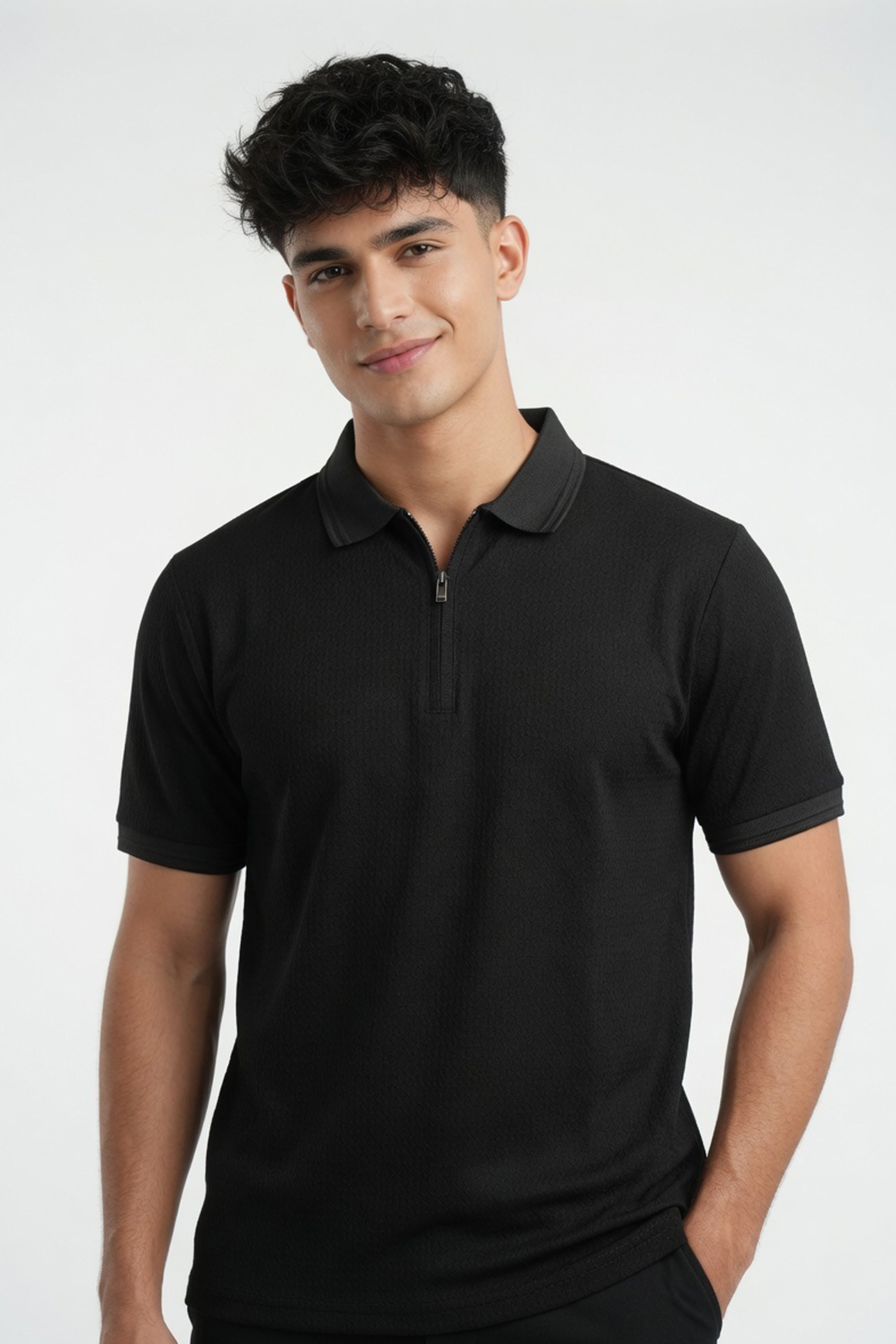 Jet Black Textured Quarter-Zip Polo