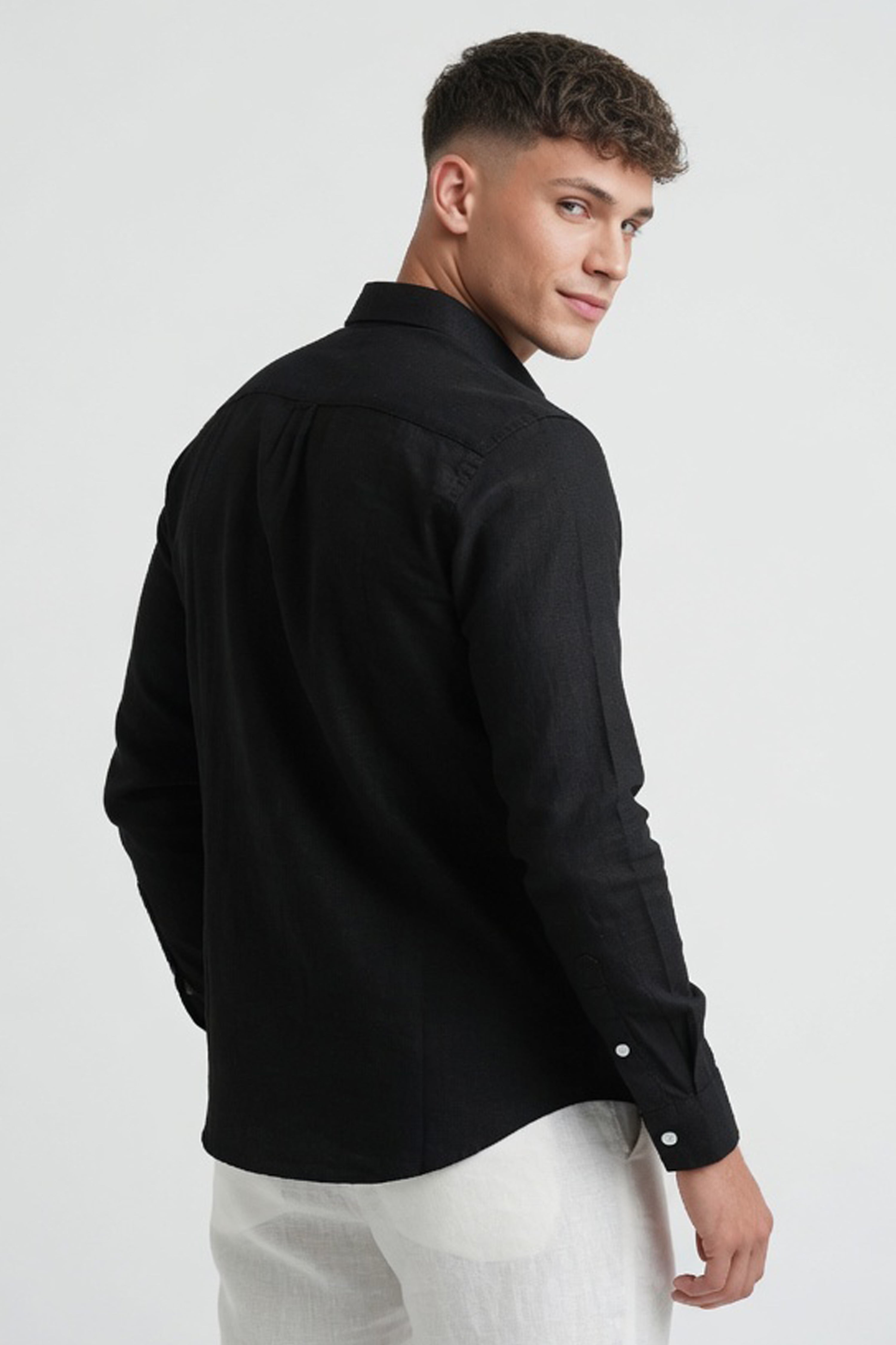 Jet Black Linen-Blend Slim-Fit Shirt