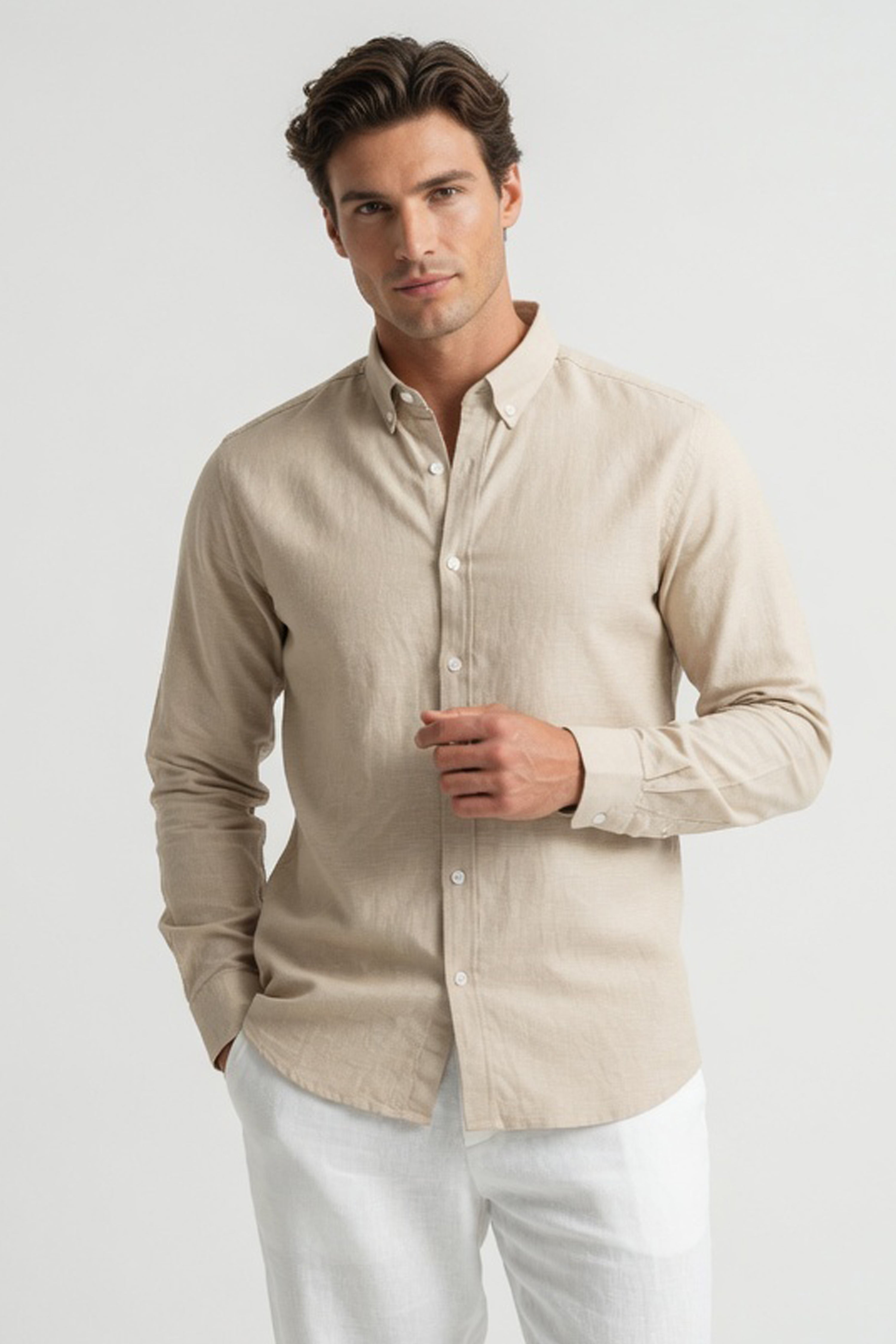 Sand Beige Textured Slim-Fit Shirt