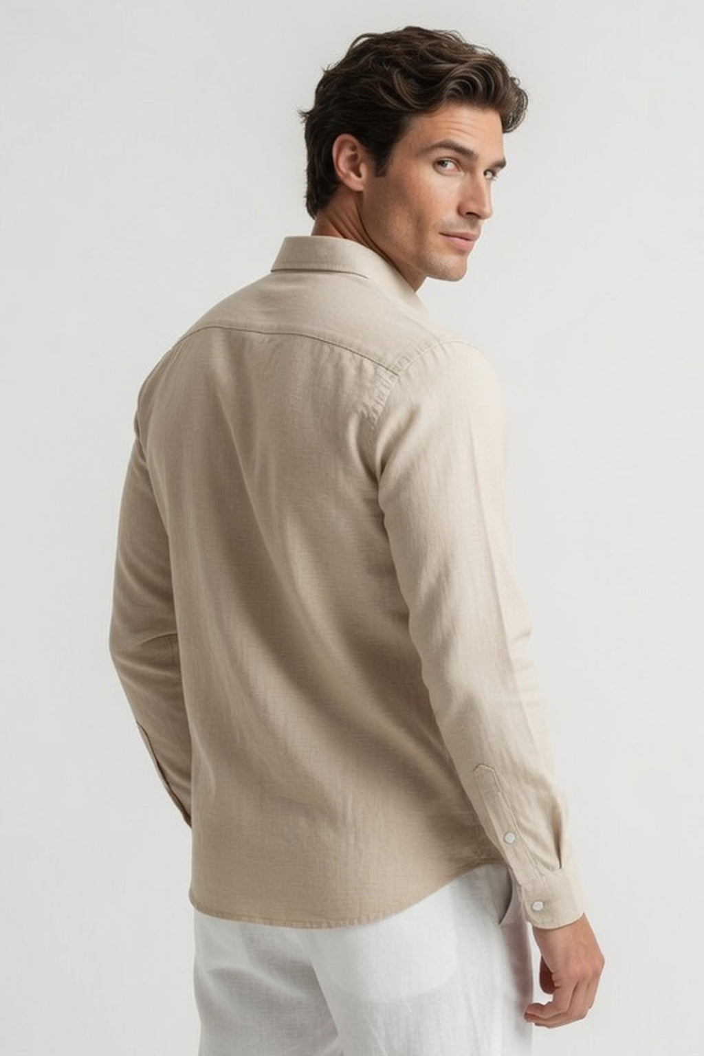 Sand Beige Textured Slim-Fit Shirt