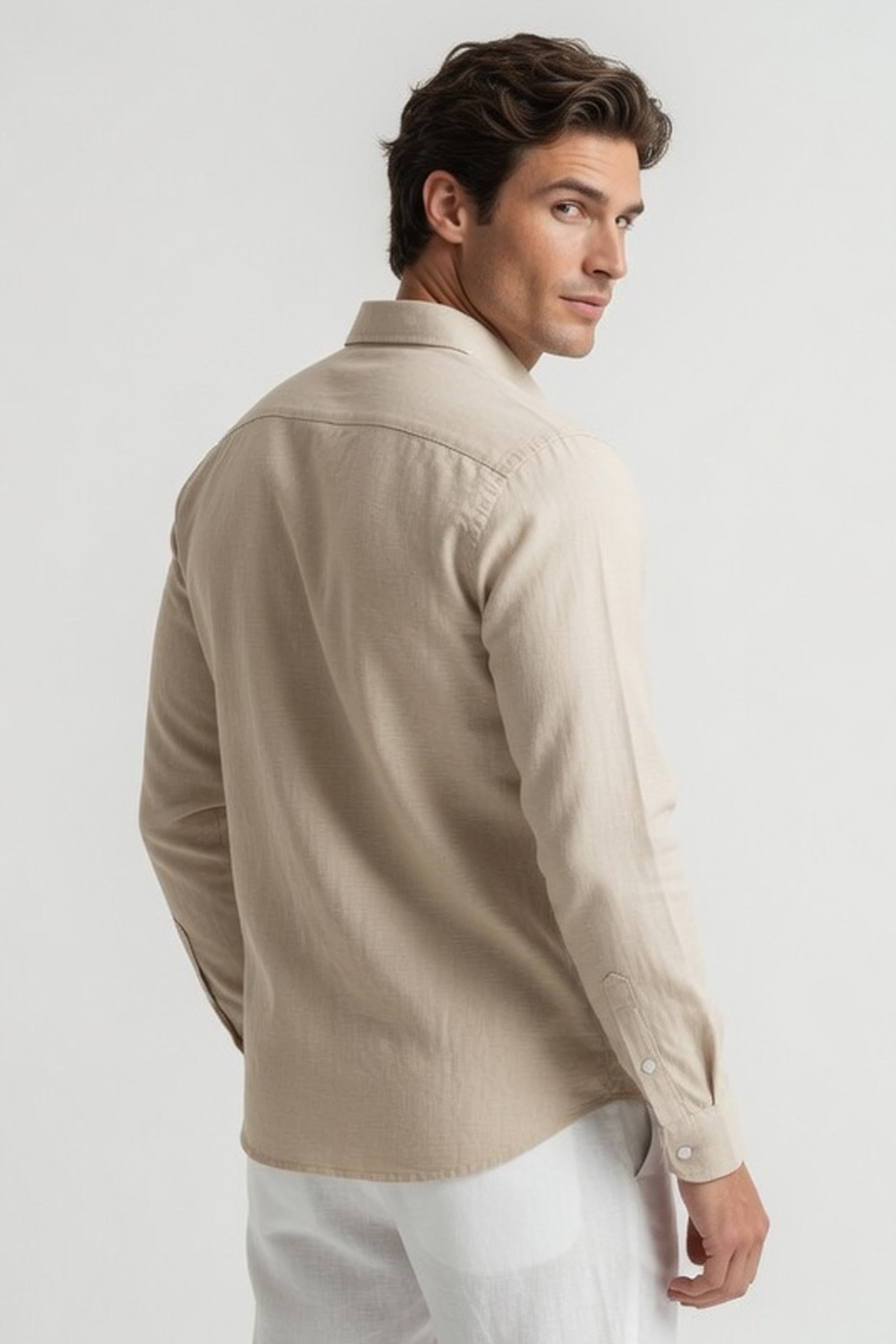 Sand Beige Textured Slim-Fit Shirt