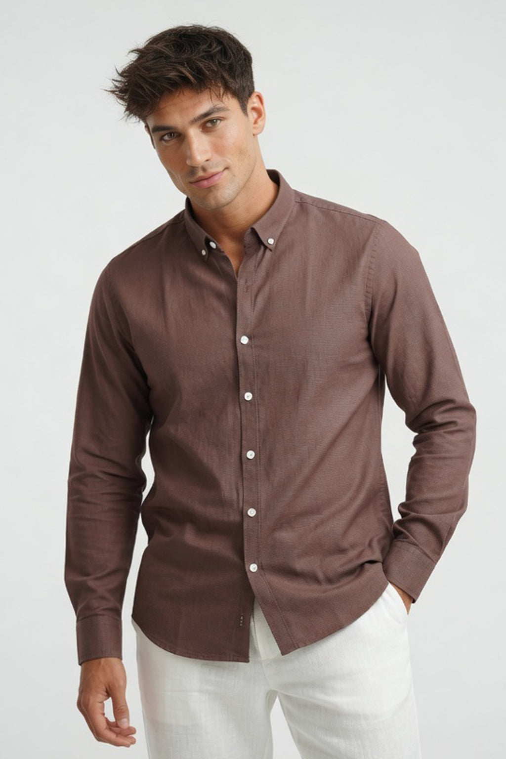 Chocolate Brown Textured Slim-Fit Shirt