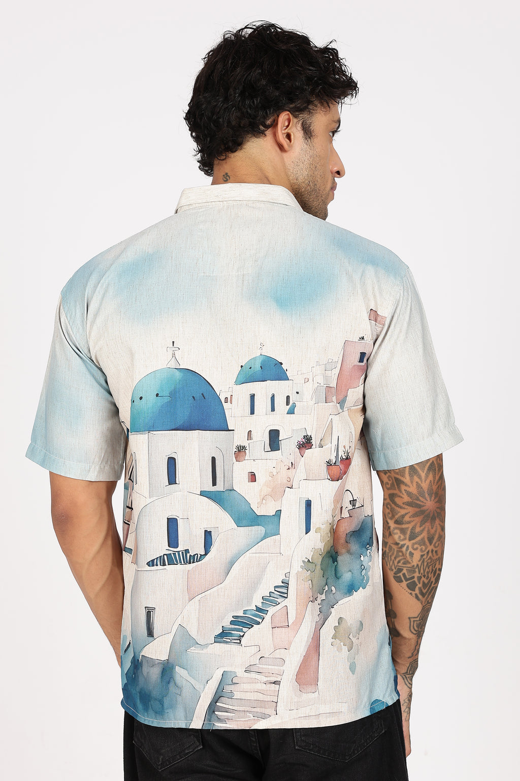 Santorini Blue Dome Scenic Printed Shirt