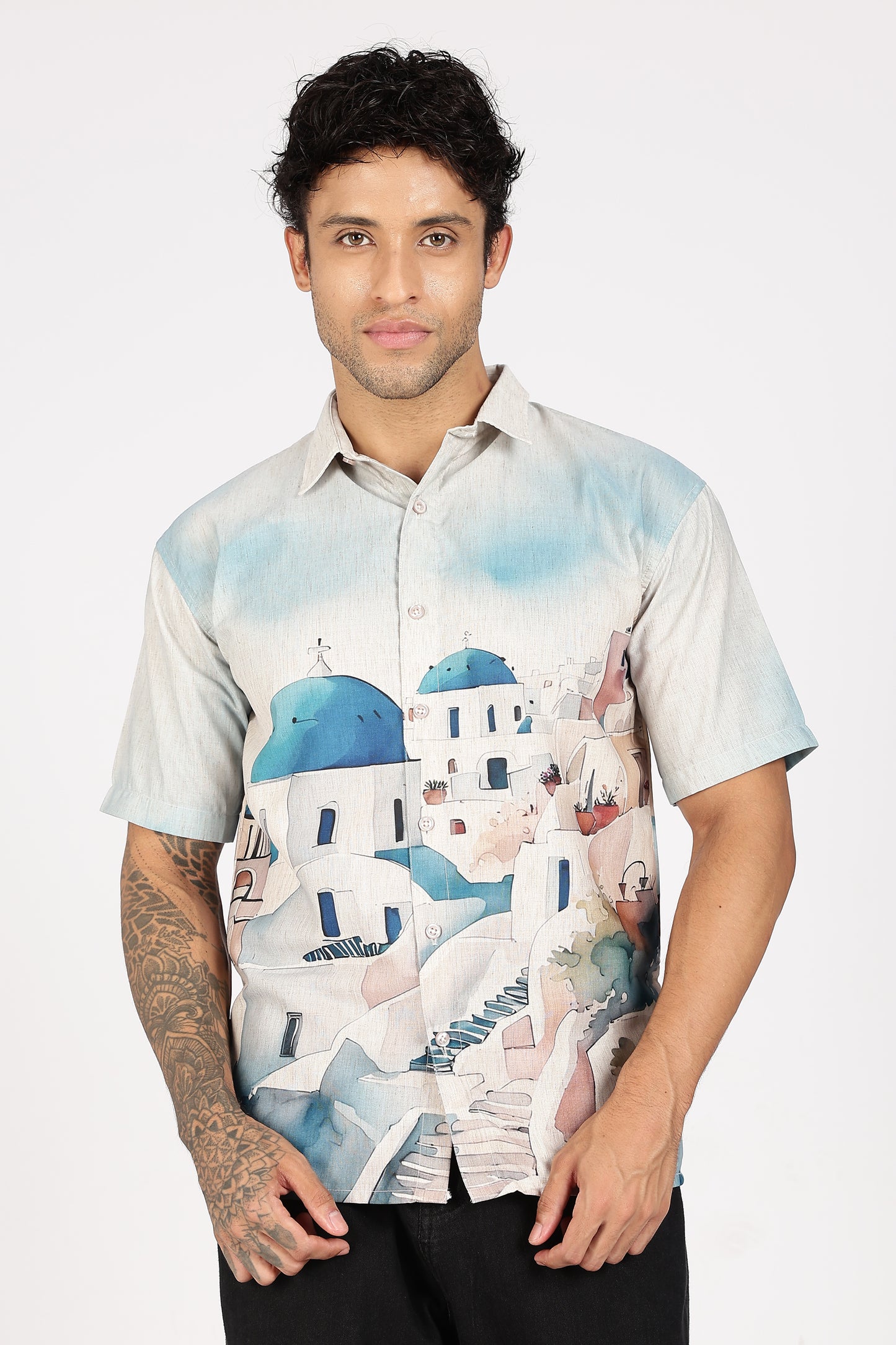 Santorini Blue Dome Scenic Printed Shirt