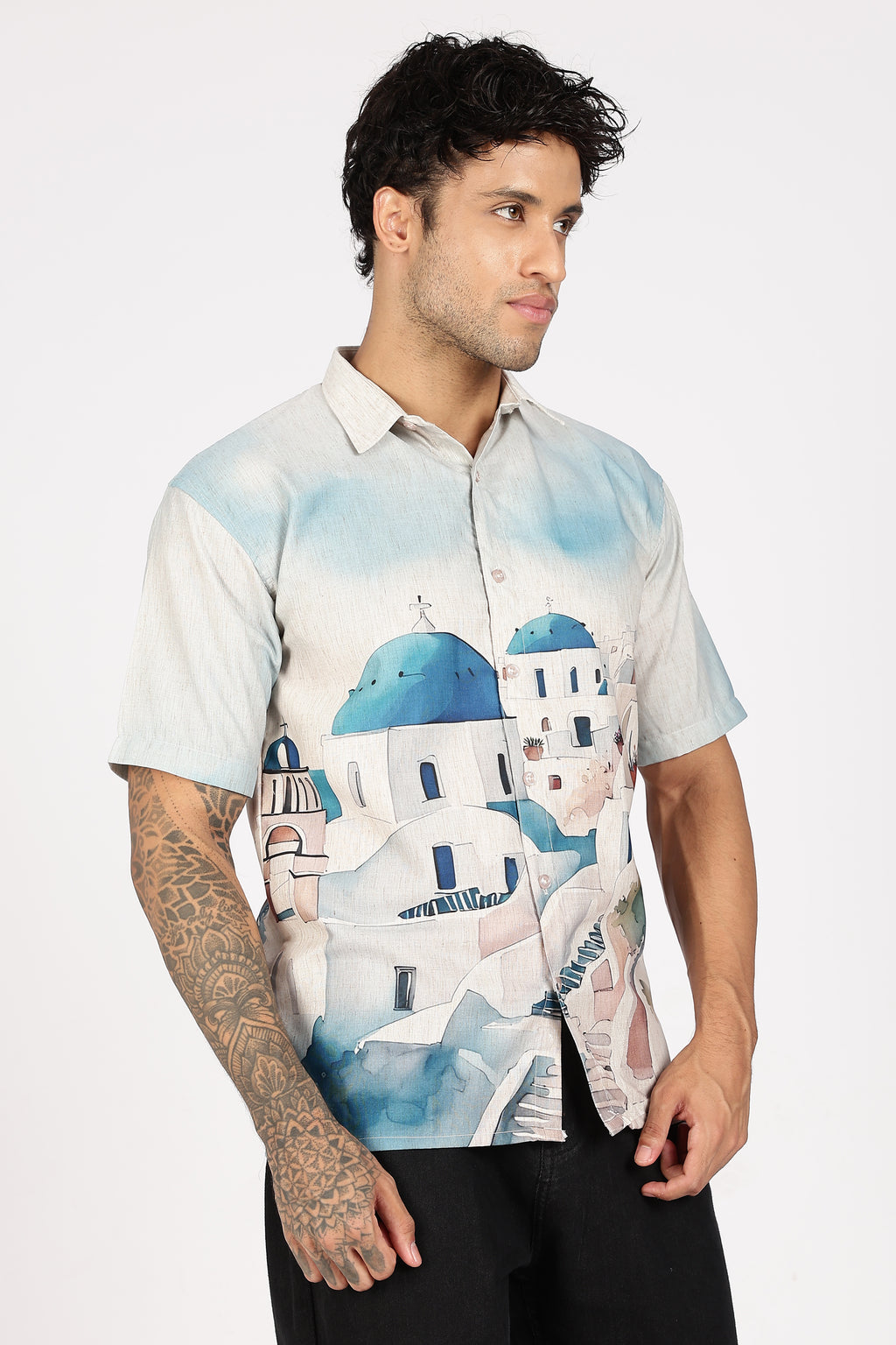 Santorini Blue Dome Scenic Printed Shirt
