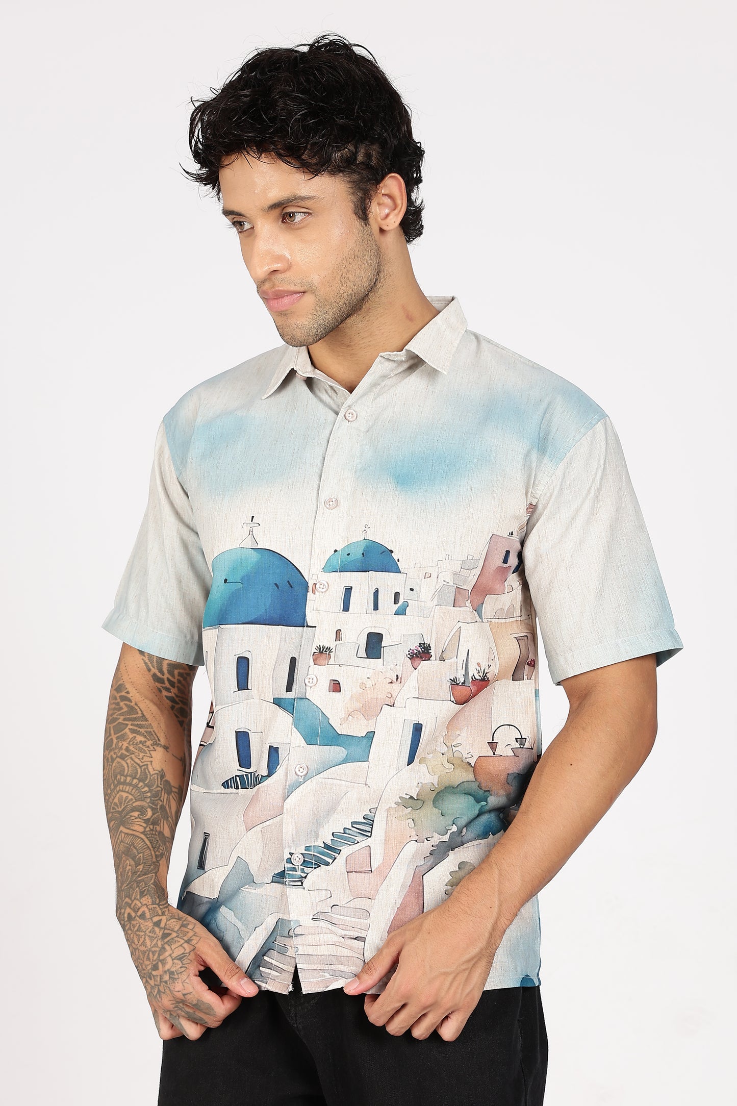 Santorini Blue Dome Scenic Printed Shirt