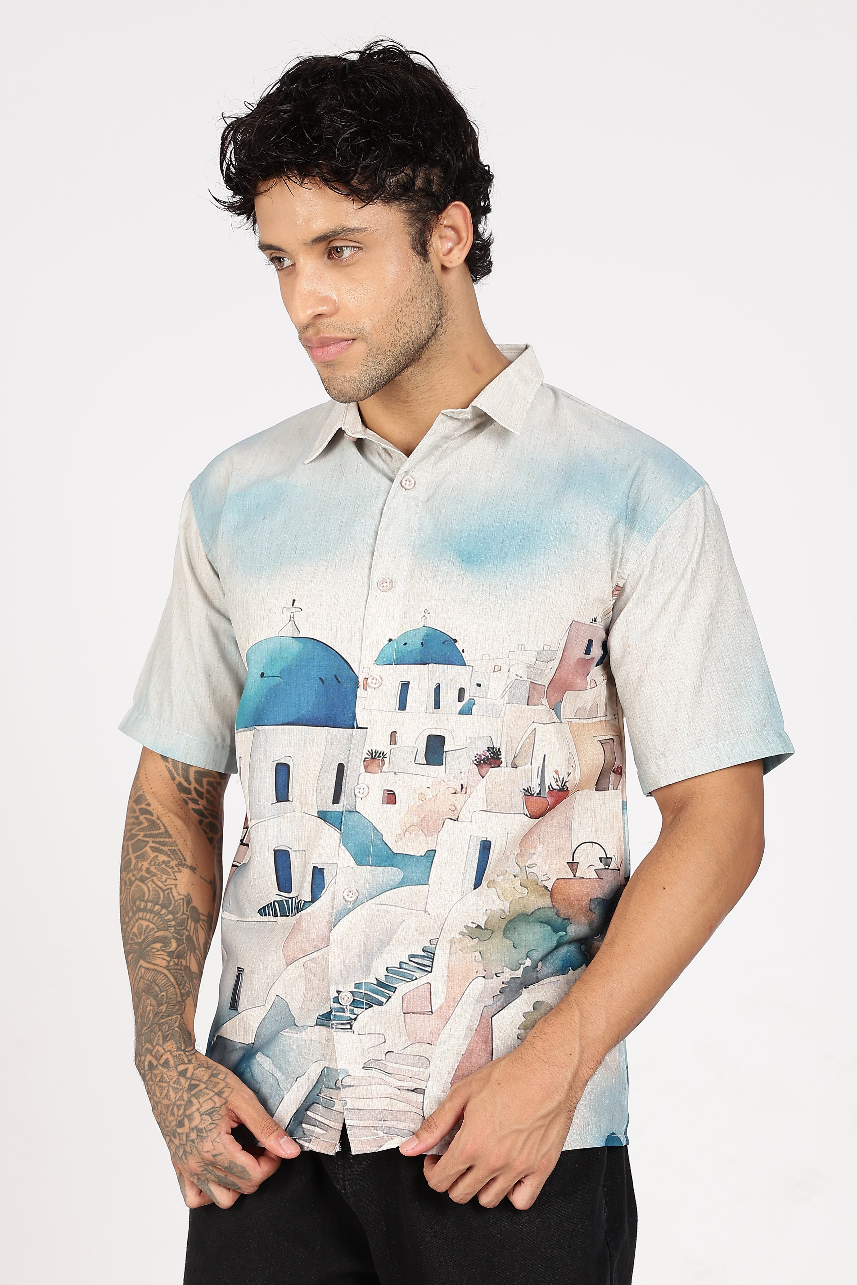 Santorini Blue Dome Scenic Printed Shirt