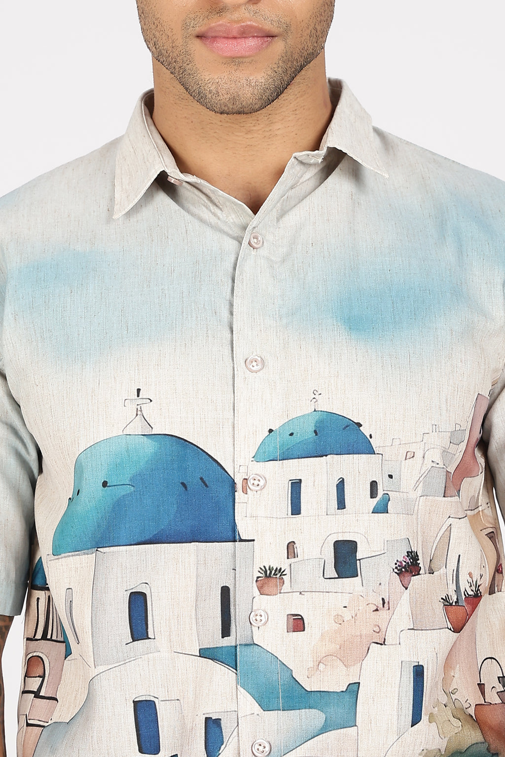 Santorini Blue Dome Scenic Printed Shirt