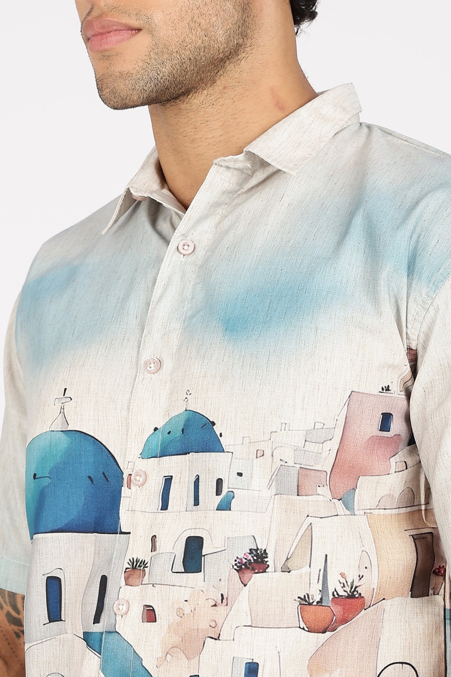 Santorini Blue Dome Scenic Printed Shirt