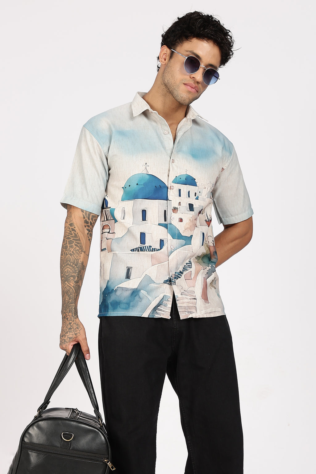 Santorini Blue Dome Scenic Printed Shirt