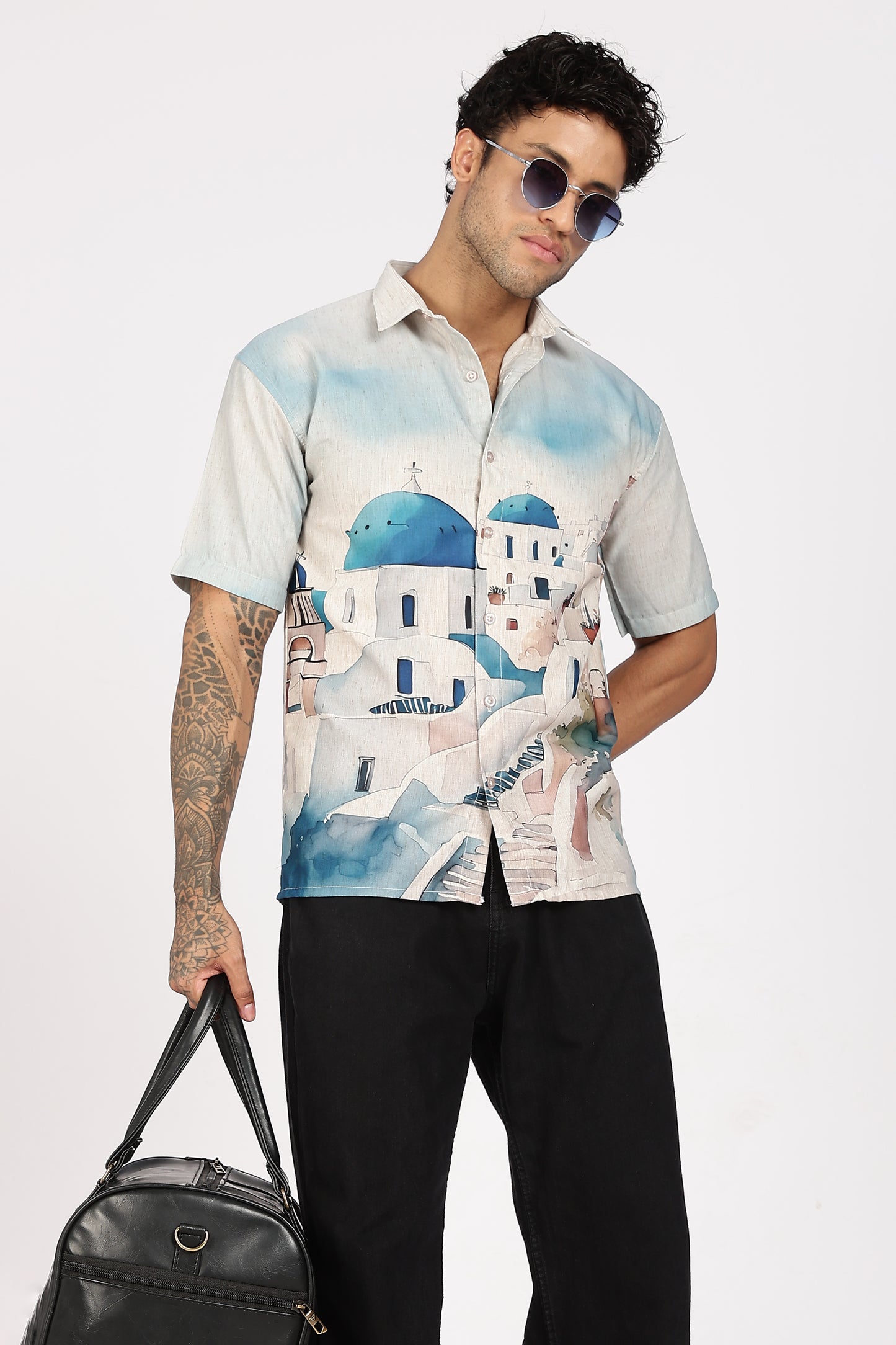 Santorini Blue Dome Scenic Printed Shirt