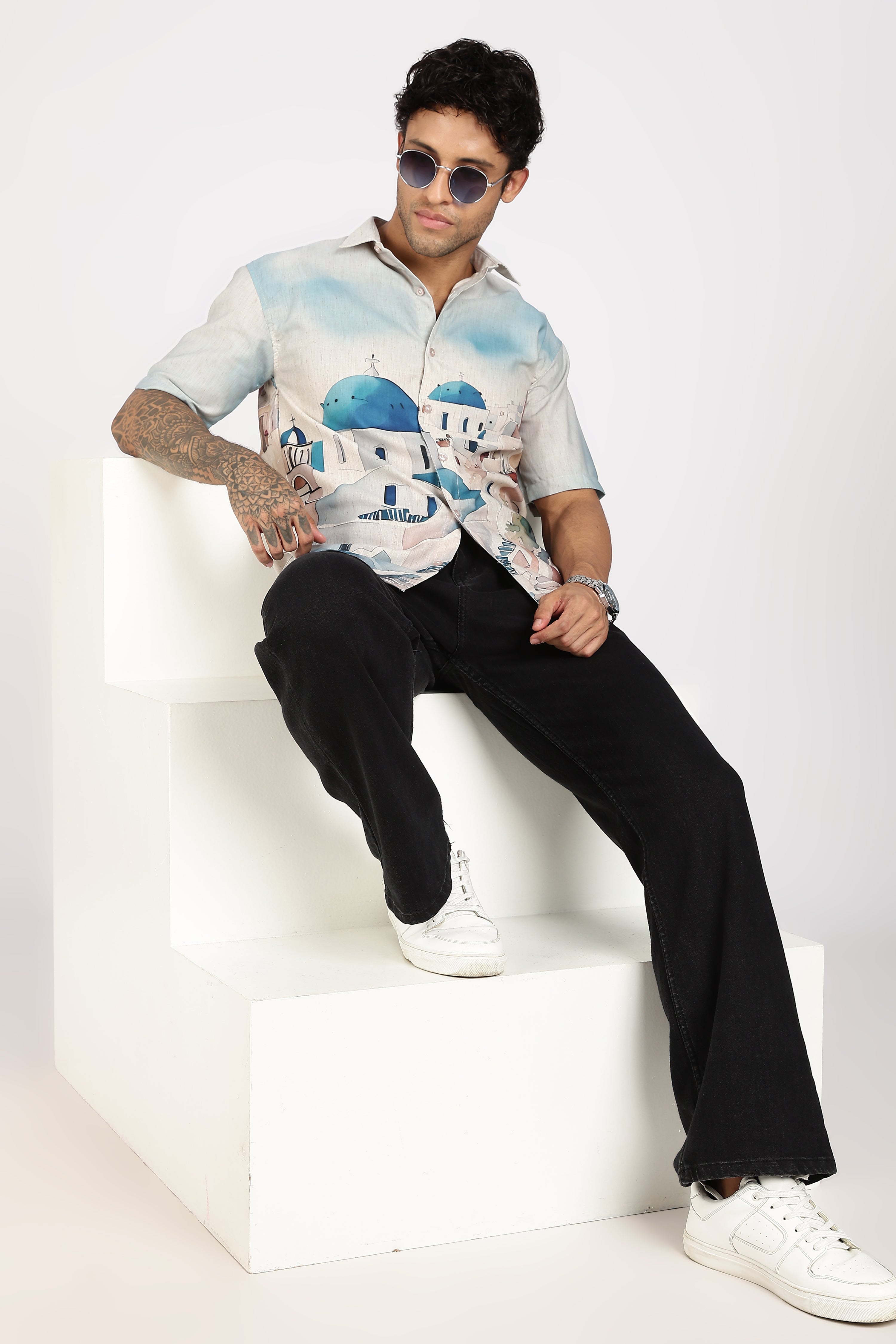 Santorini Blue Dome Scenic Printed Shirt