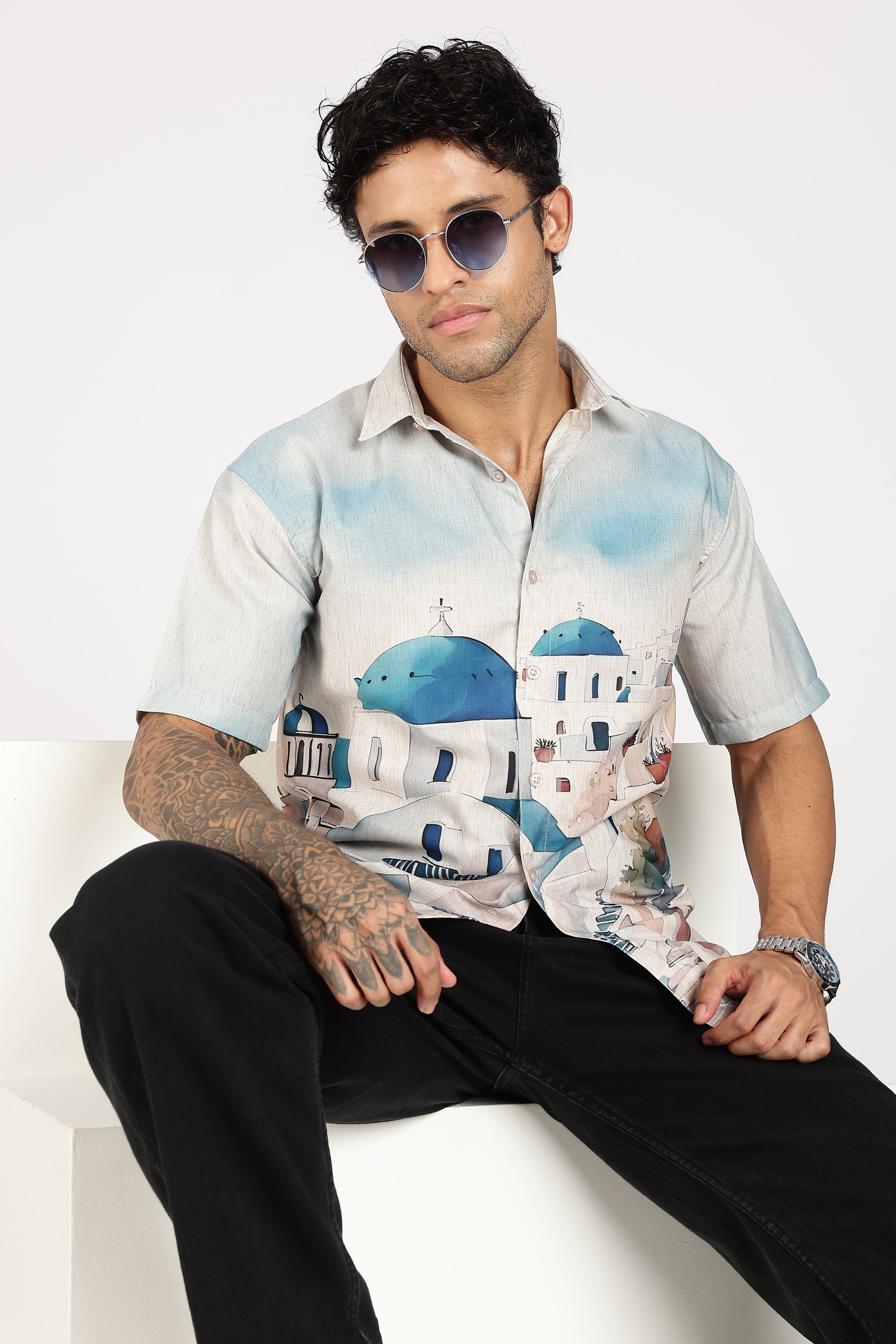 Santorini Blue Dome Scenic Printed Shirt