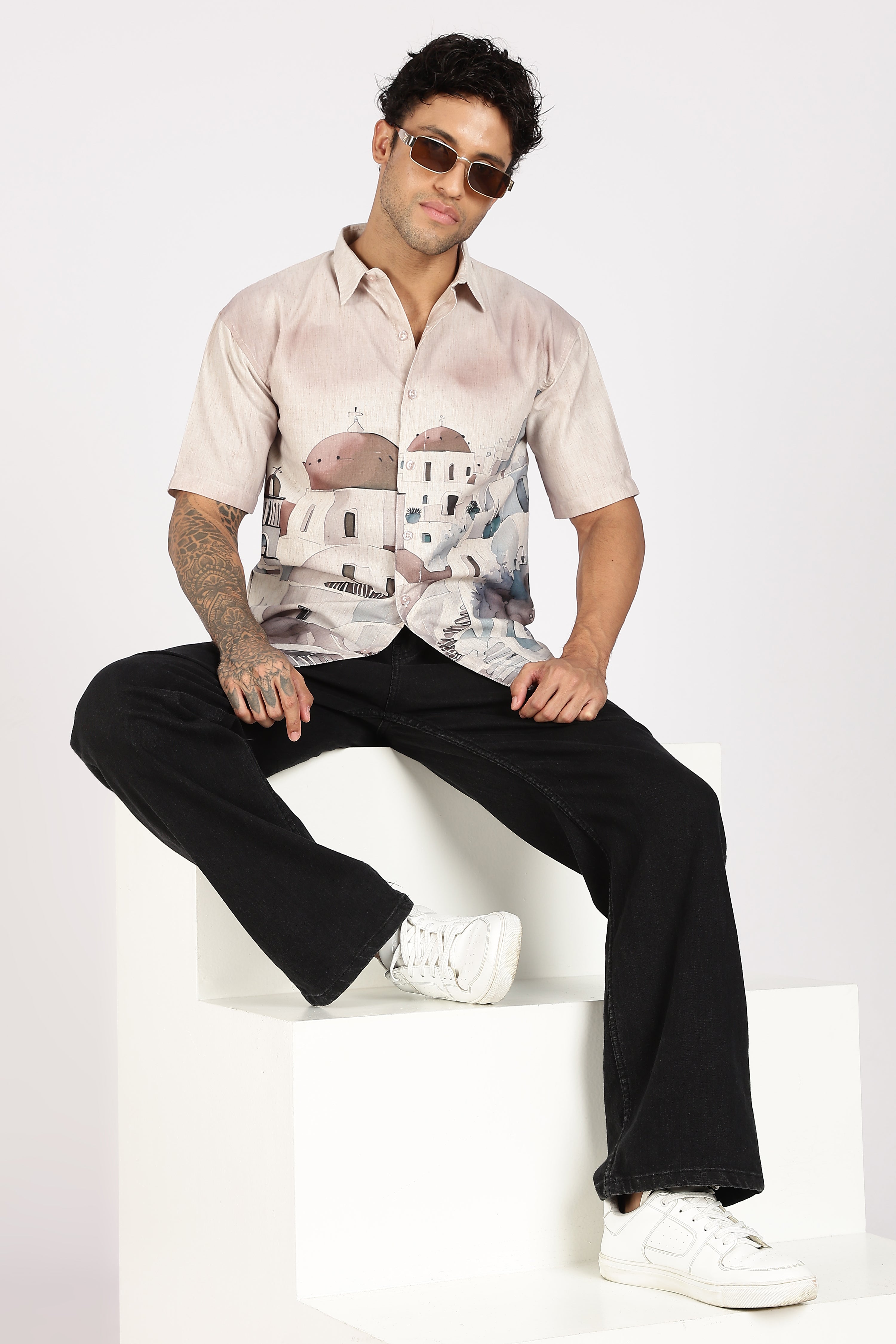 Santorini Peach Dome Scenic Printed Shirt