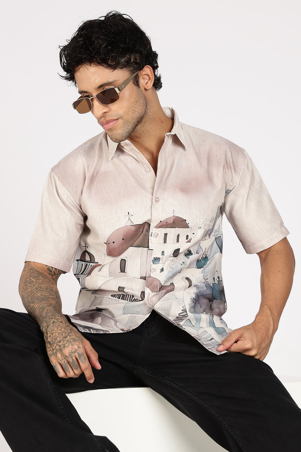 Santorini Peach Dome Scenic Printed Shirt