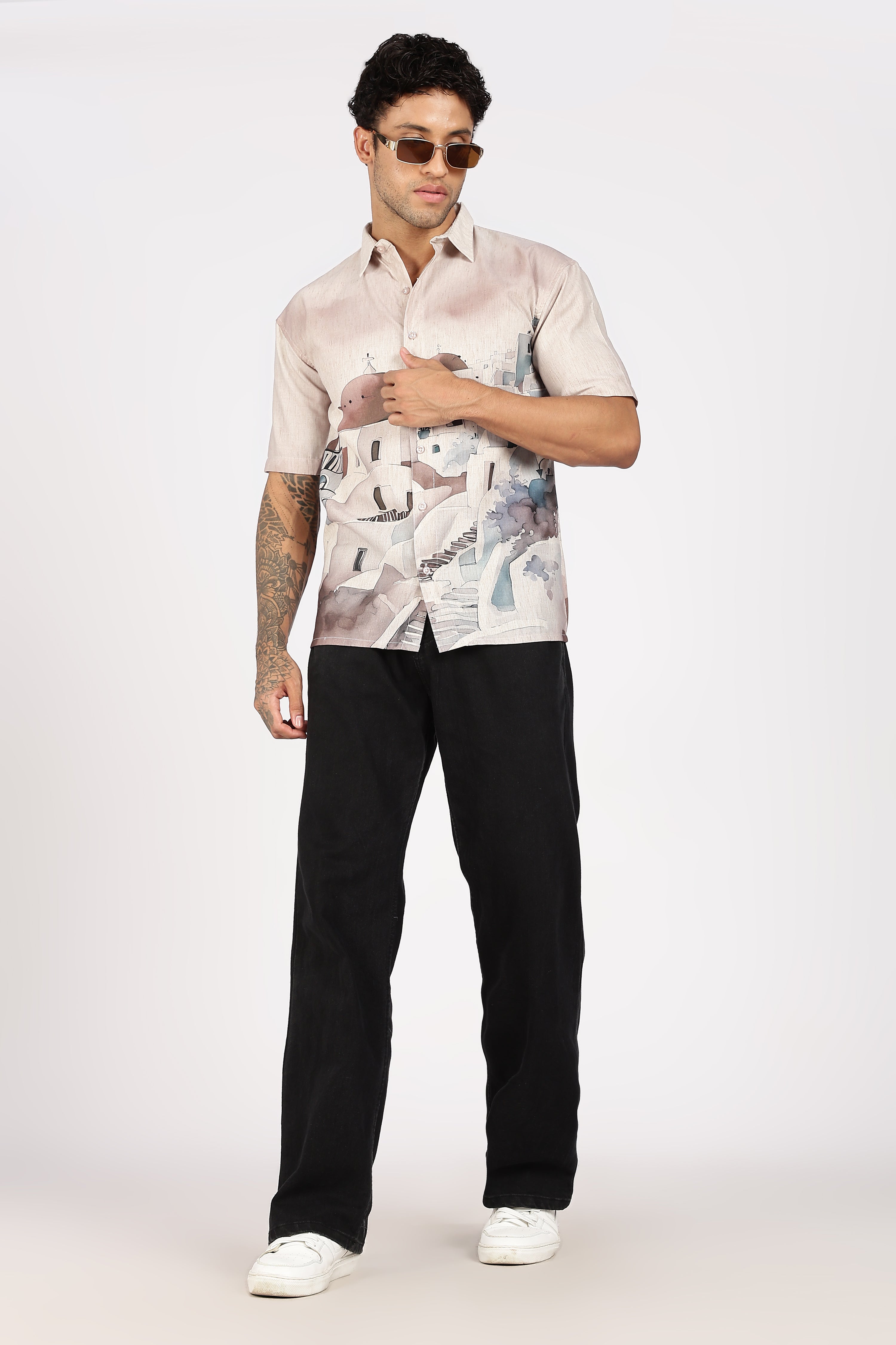Santorini Peach Dome Scenic Printed Shirt