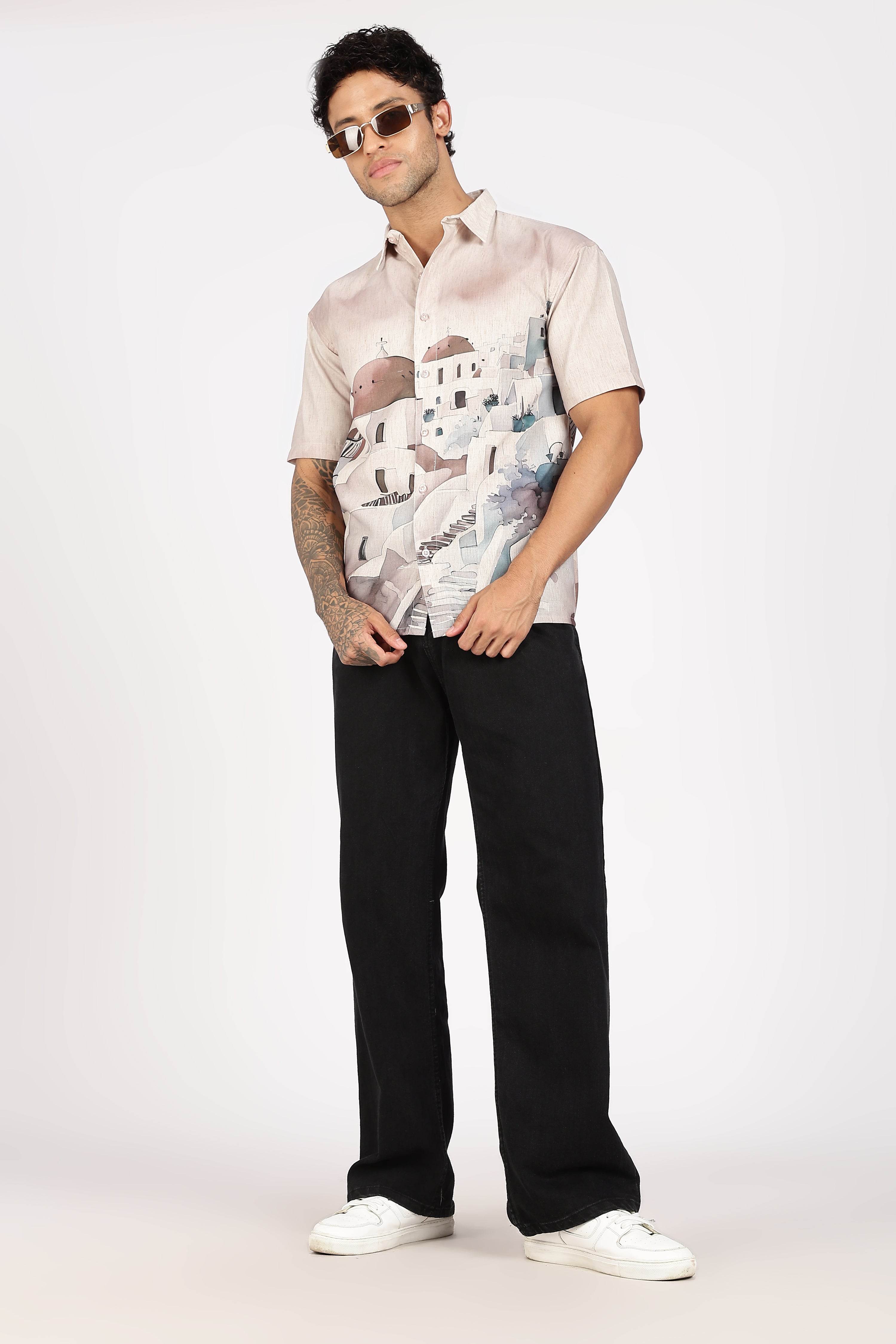 Santorini Peach Dome Scenic Printed Shirt