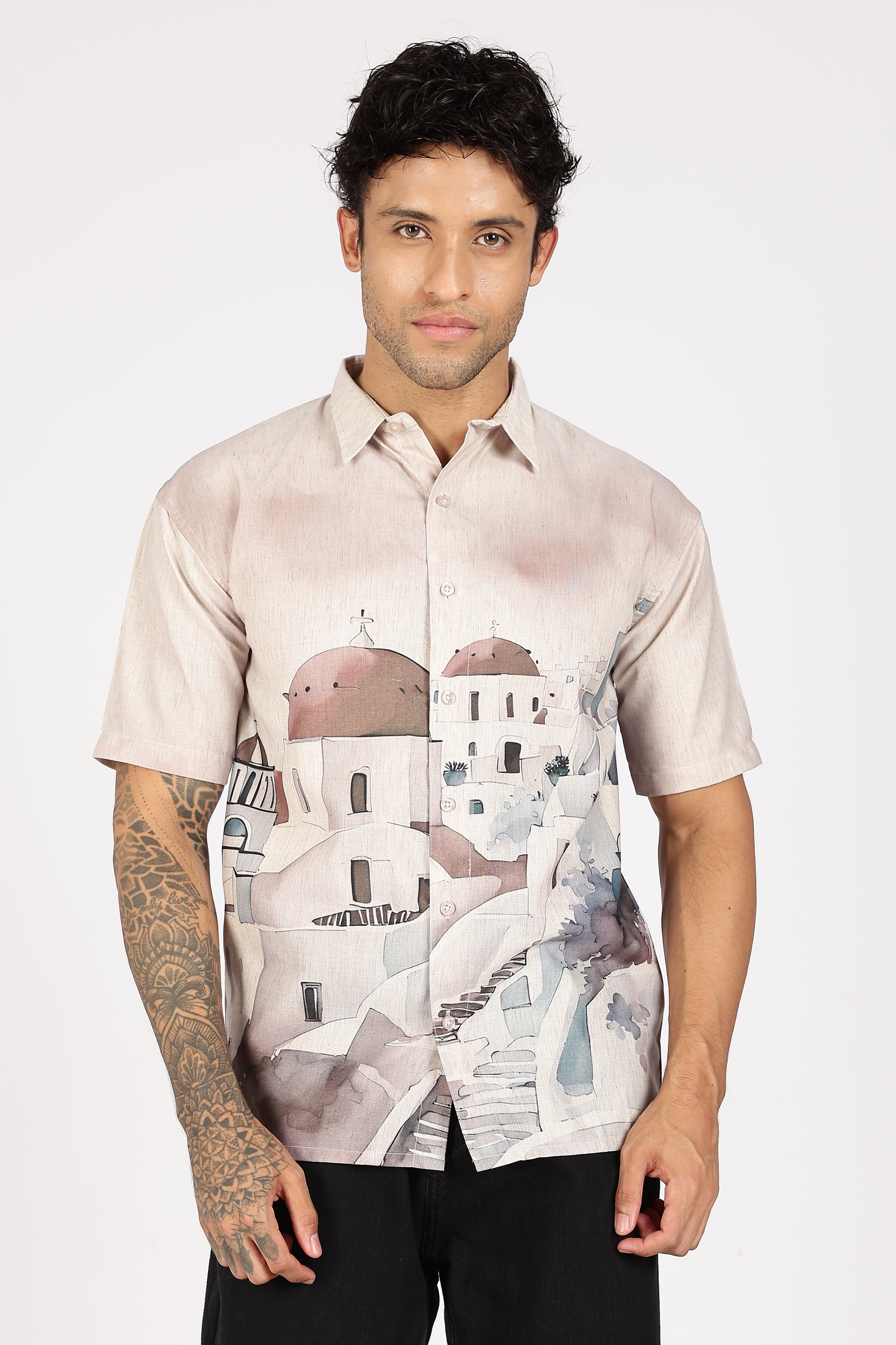 Santorini Peach Dome Scenic Printed Shirt