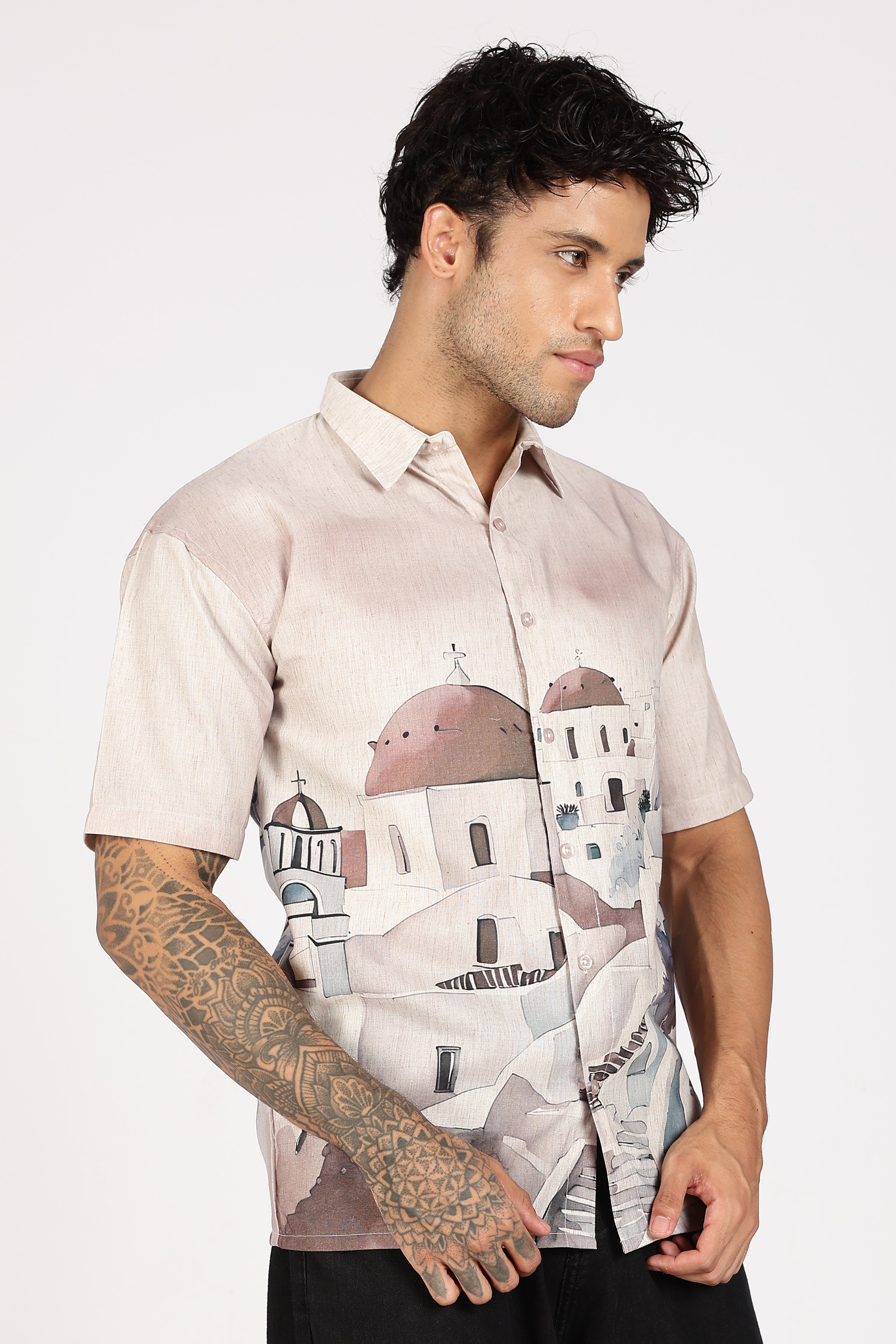 Santorini Peach Dome Scenic Printed Shirt