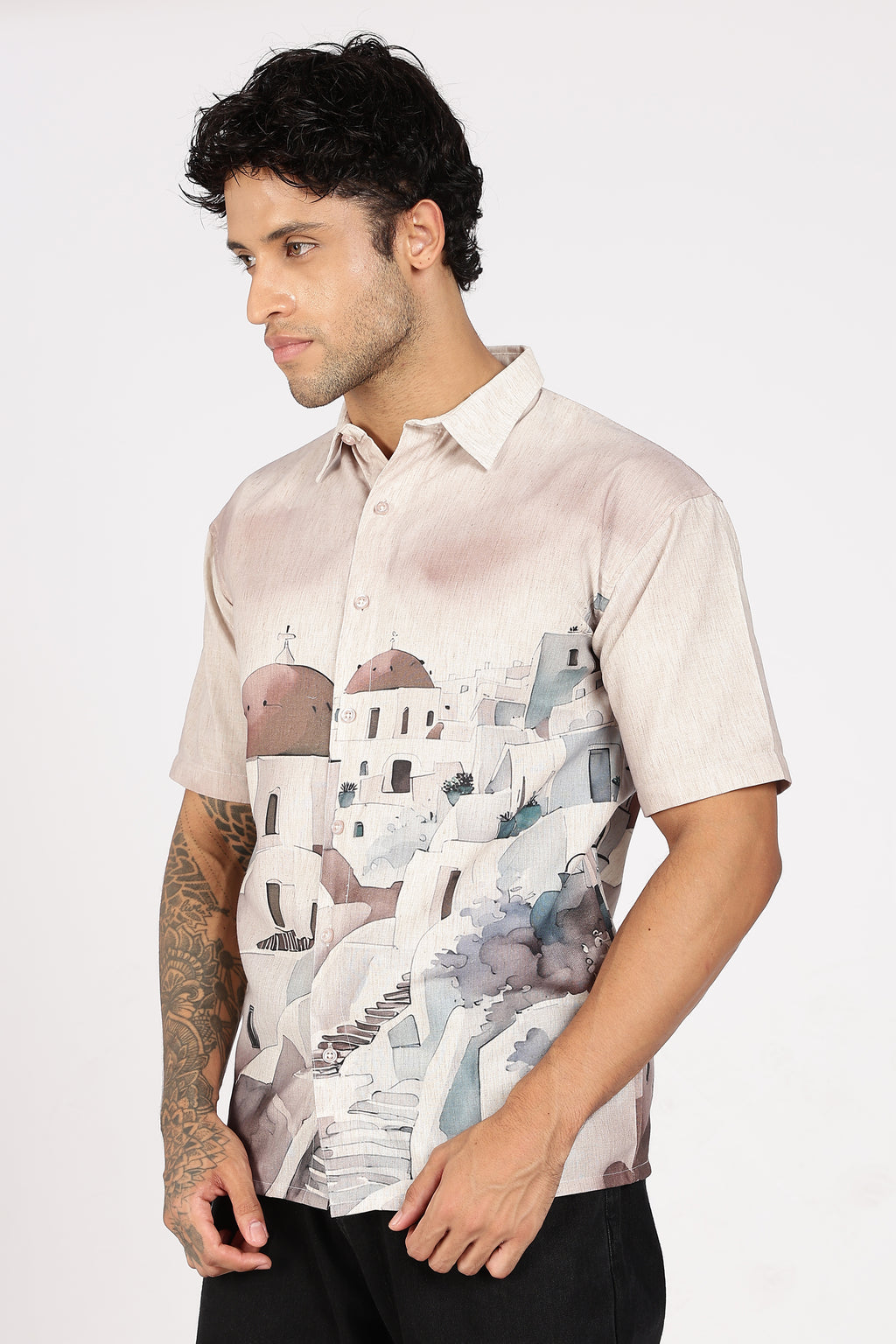 Santorini Peach Dome Scenic Printed Shirt