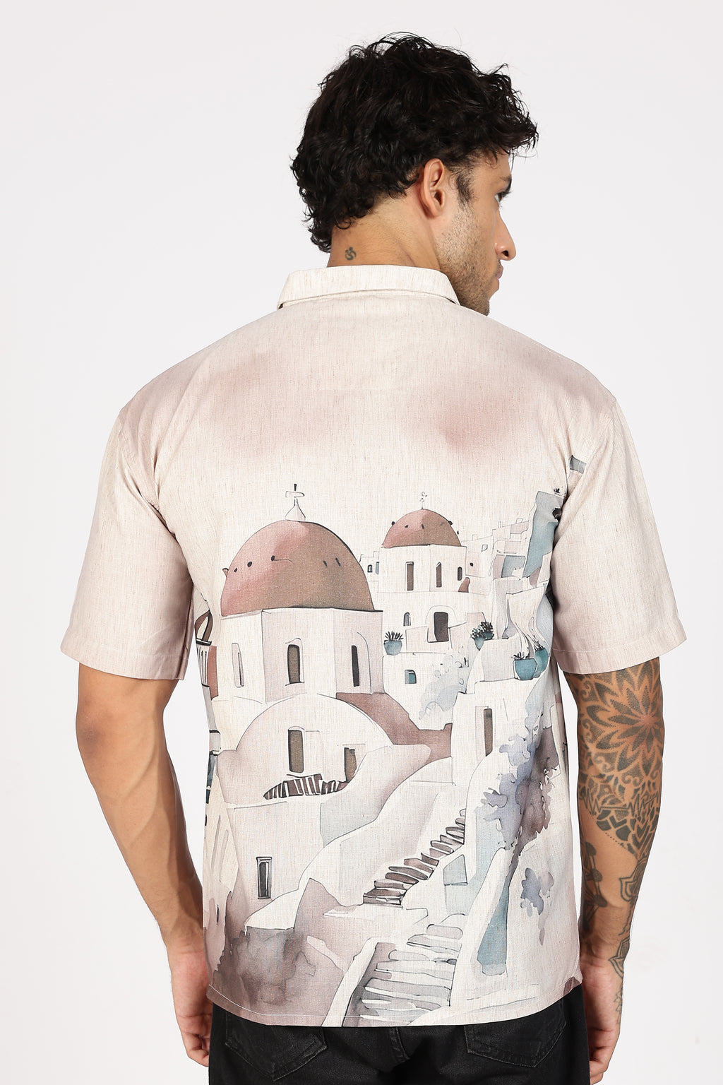 Santorini Peach Dome Scenic Printed Shirt