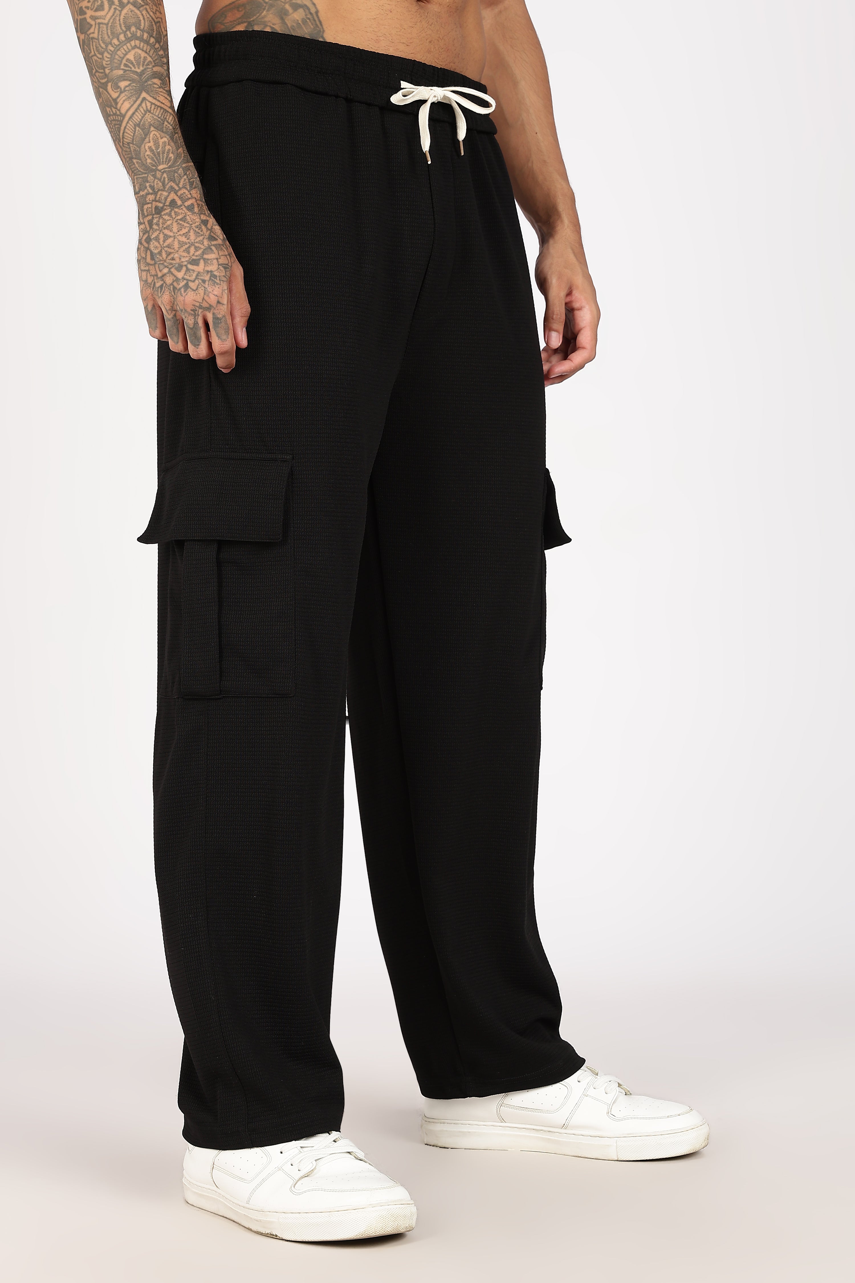 Black Textured Relaxed-Fit Cargo Trouser