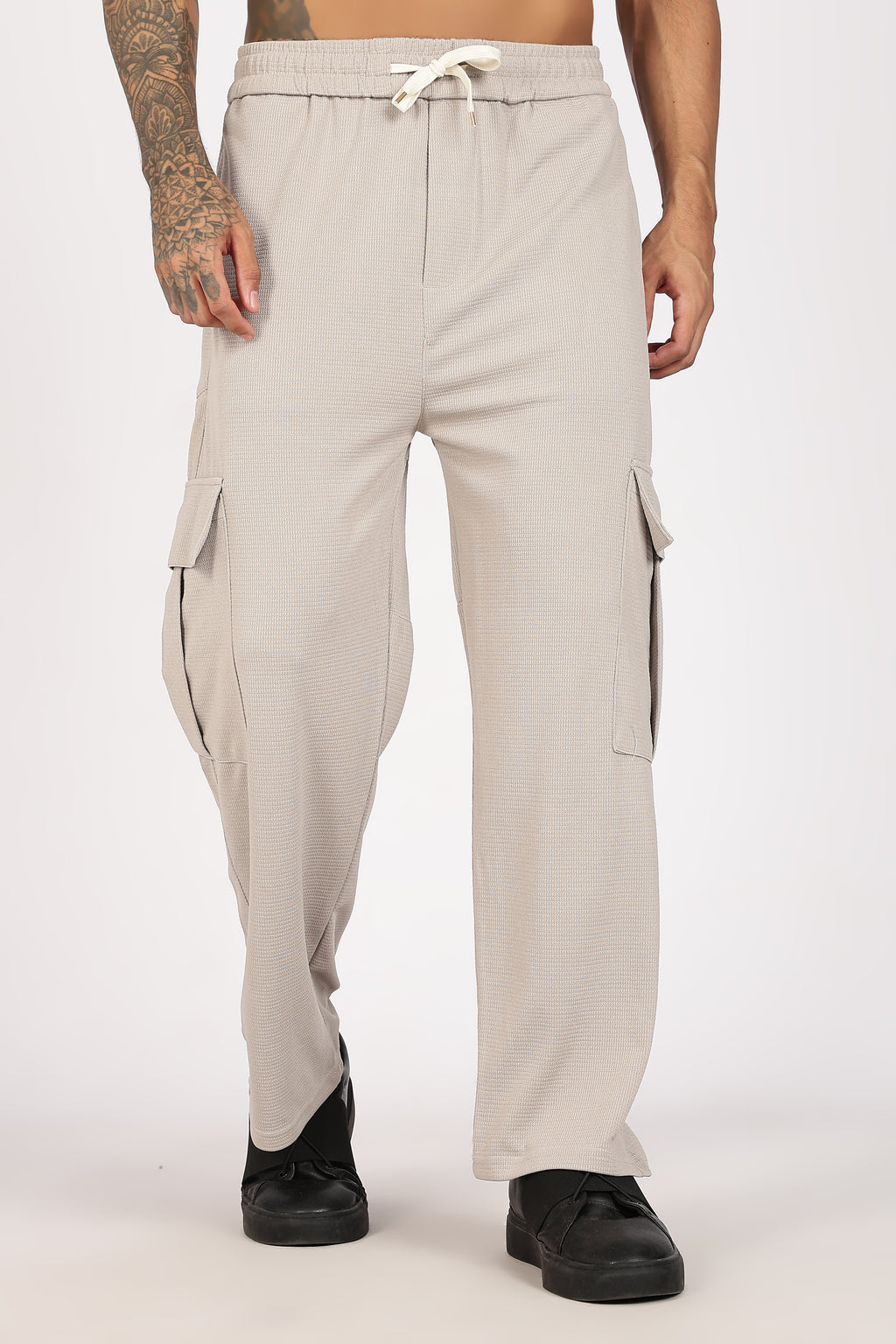 Beige Textured Utility Cargo Trouser