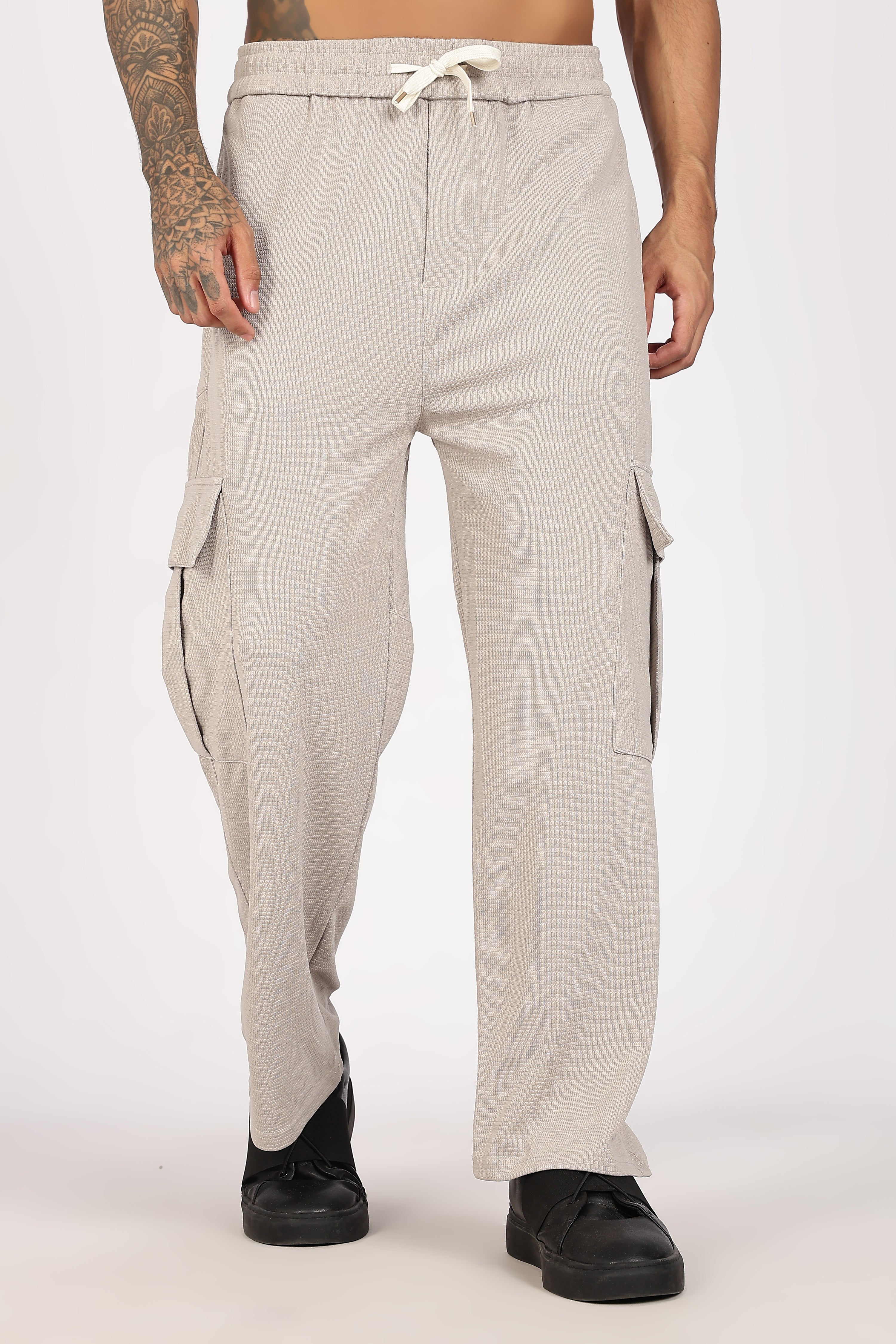 Beige Textured Utility Cargo Trouser