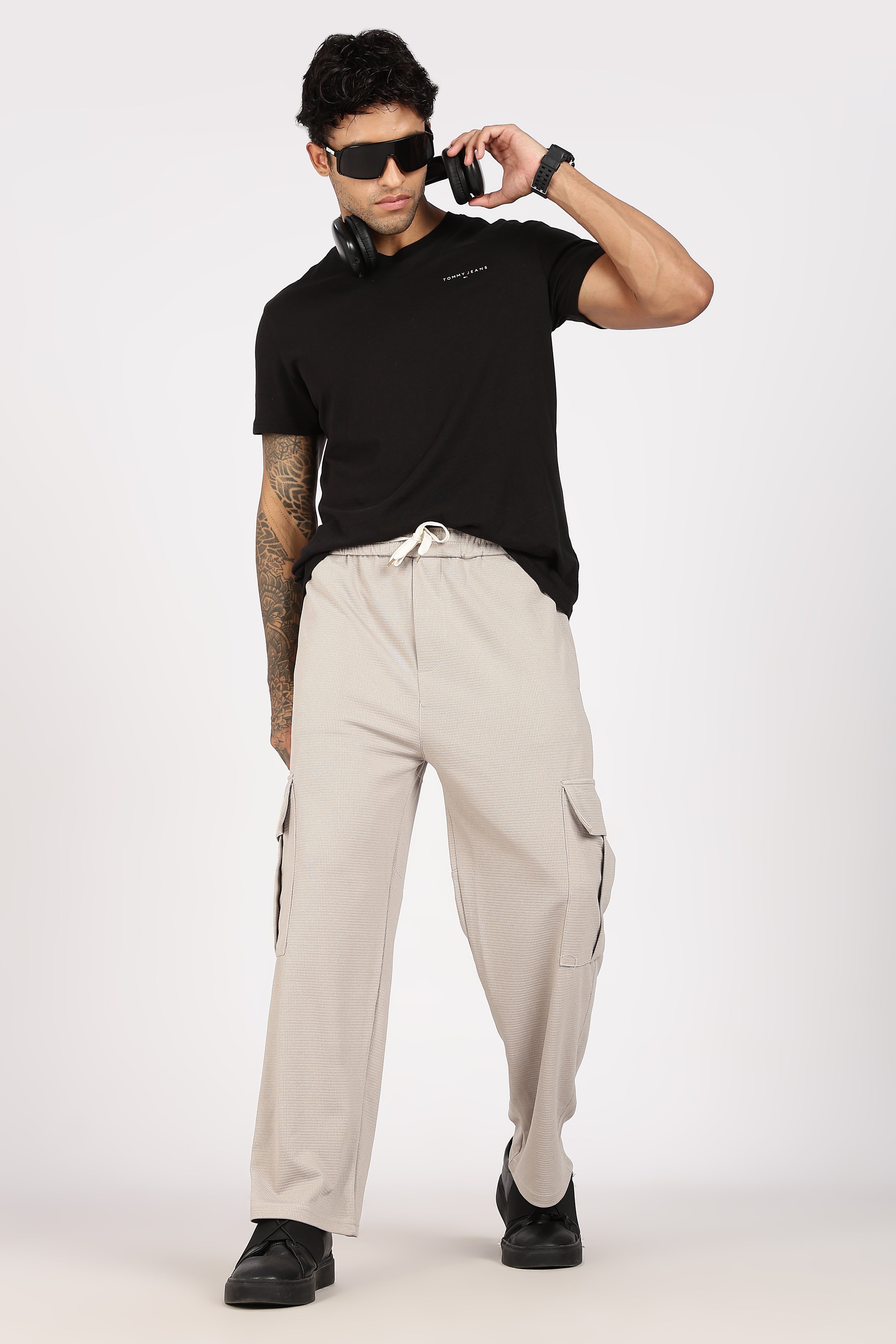 Beige Textured Utility Cargo Trouser