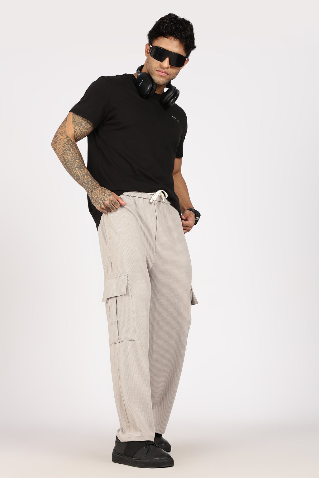 Beige Textured Utility Cargo Trouser