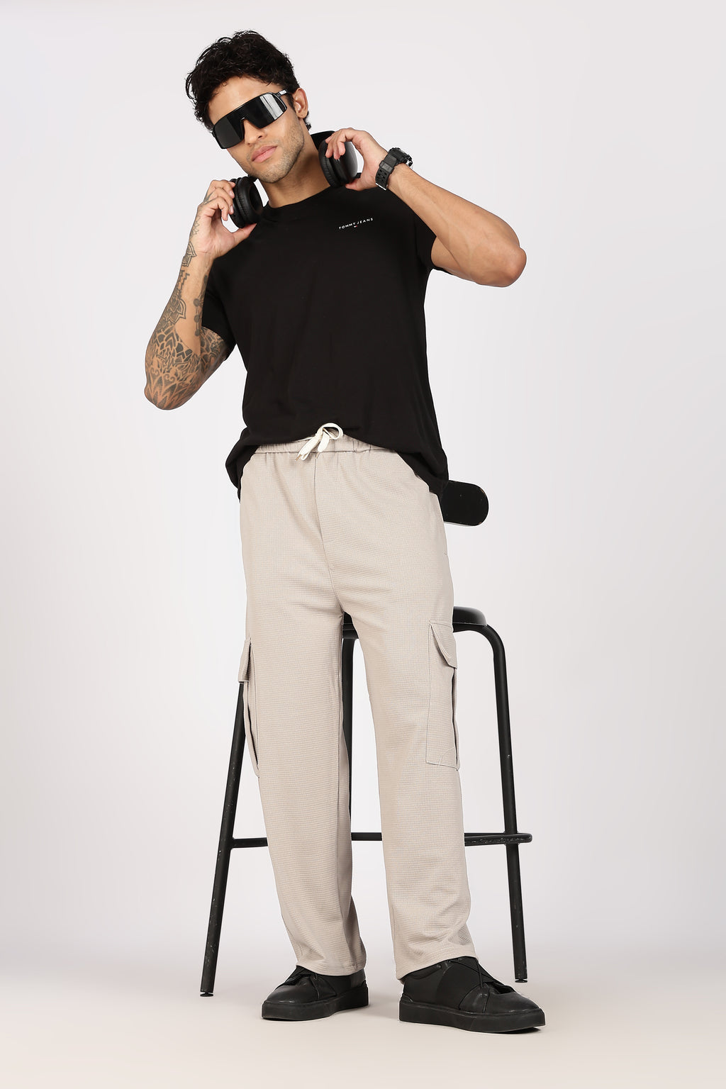 Beige Textured Utility Cargo Trouser