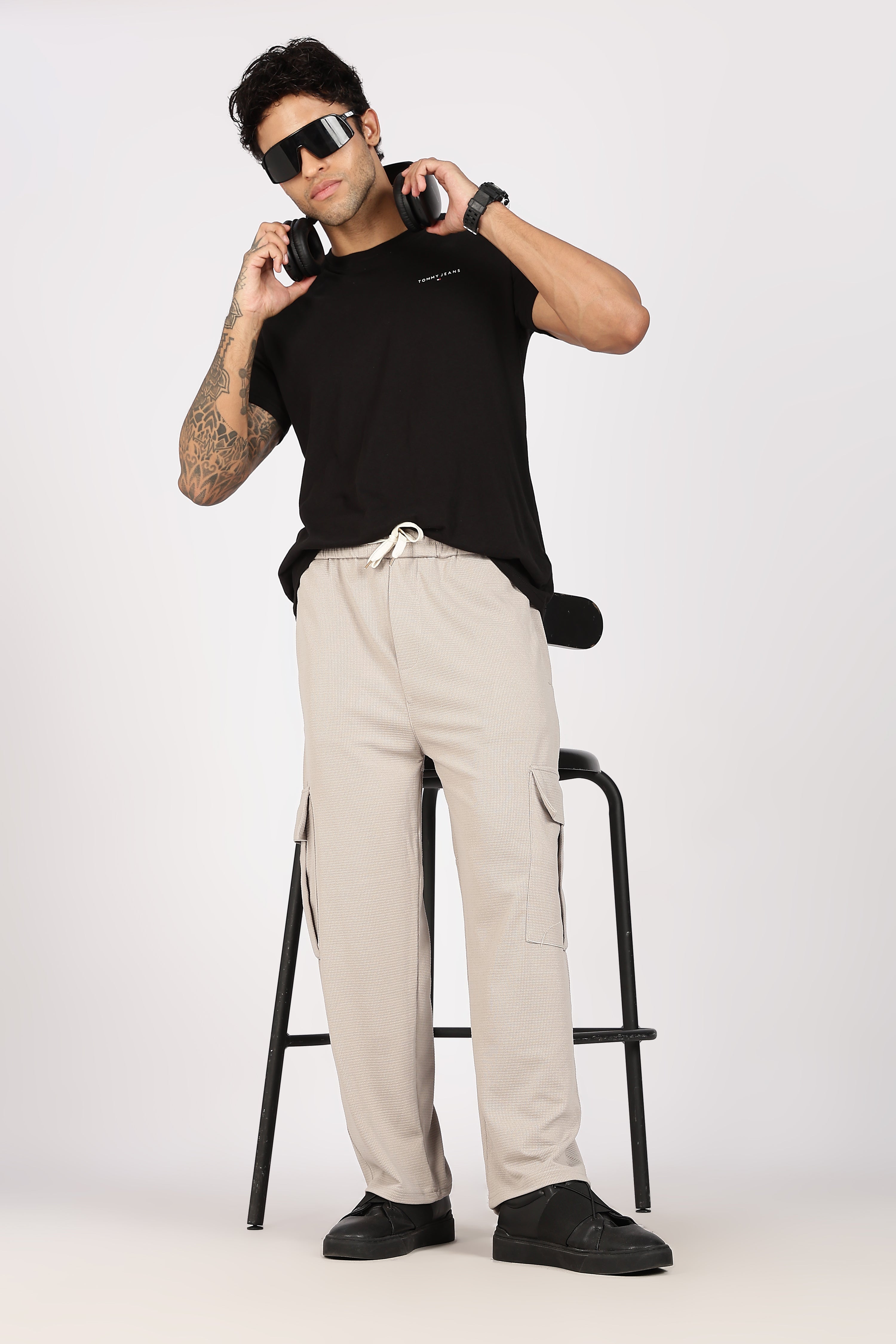 Beige Textured Utility Cargo Trouser